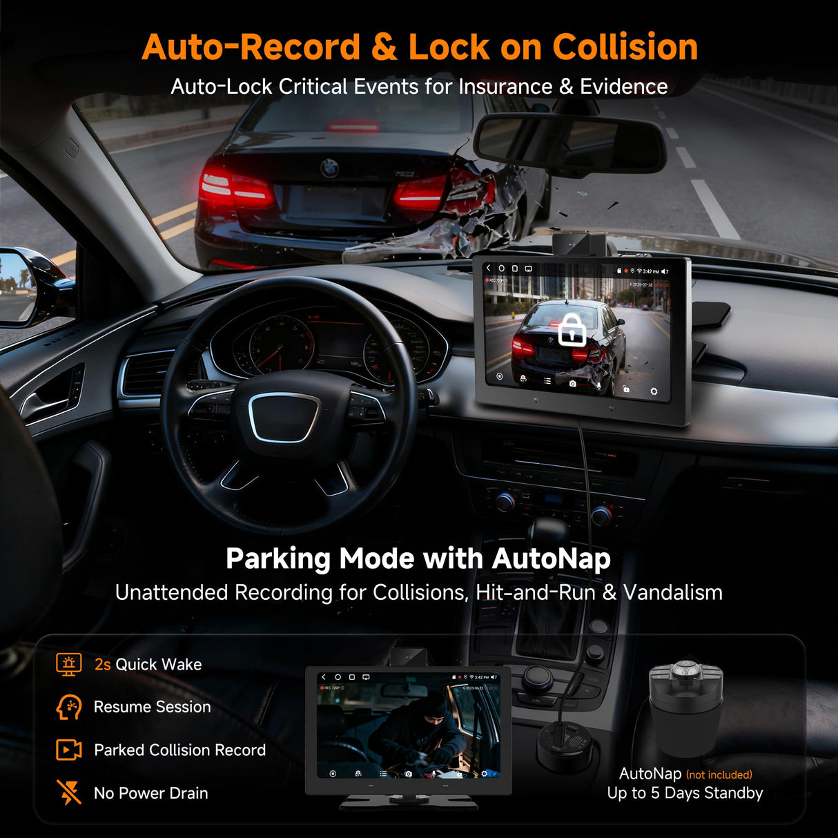 ATOTO P609S1N 9" Portable CarPlay Screen – Wireless CarPlay & Android Auto Touchscreen with Dash Cam, Bluetooth, GPS Navigation, Voice Control & Music Player, Plug & Play Car Stereo (P6 Standard DashCam)