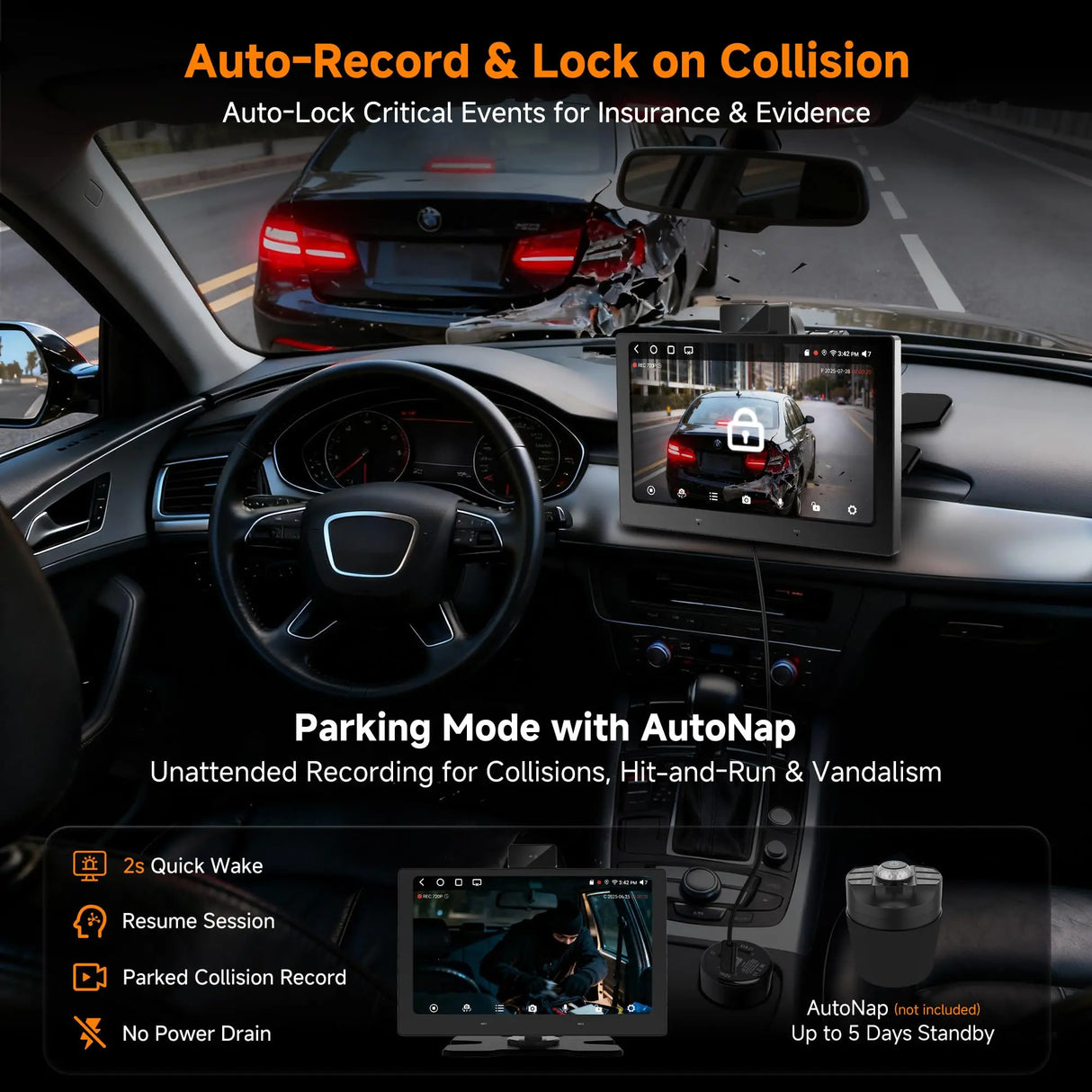 ATOTO P609S1N 9" Portable CarPlay Screen – Wireless CarPlay & Android Auto Touchscreen with Dash Cam, Bluetooth, GPS Navigation, Voice Control & Music Player, Plug & Play Car Stereo (P6 Standard DashCam)