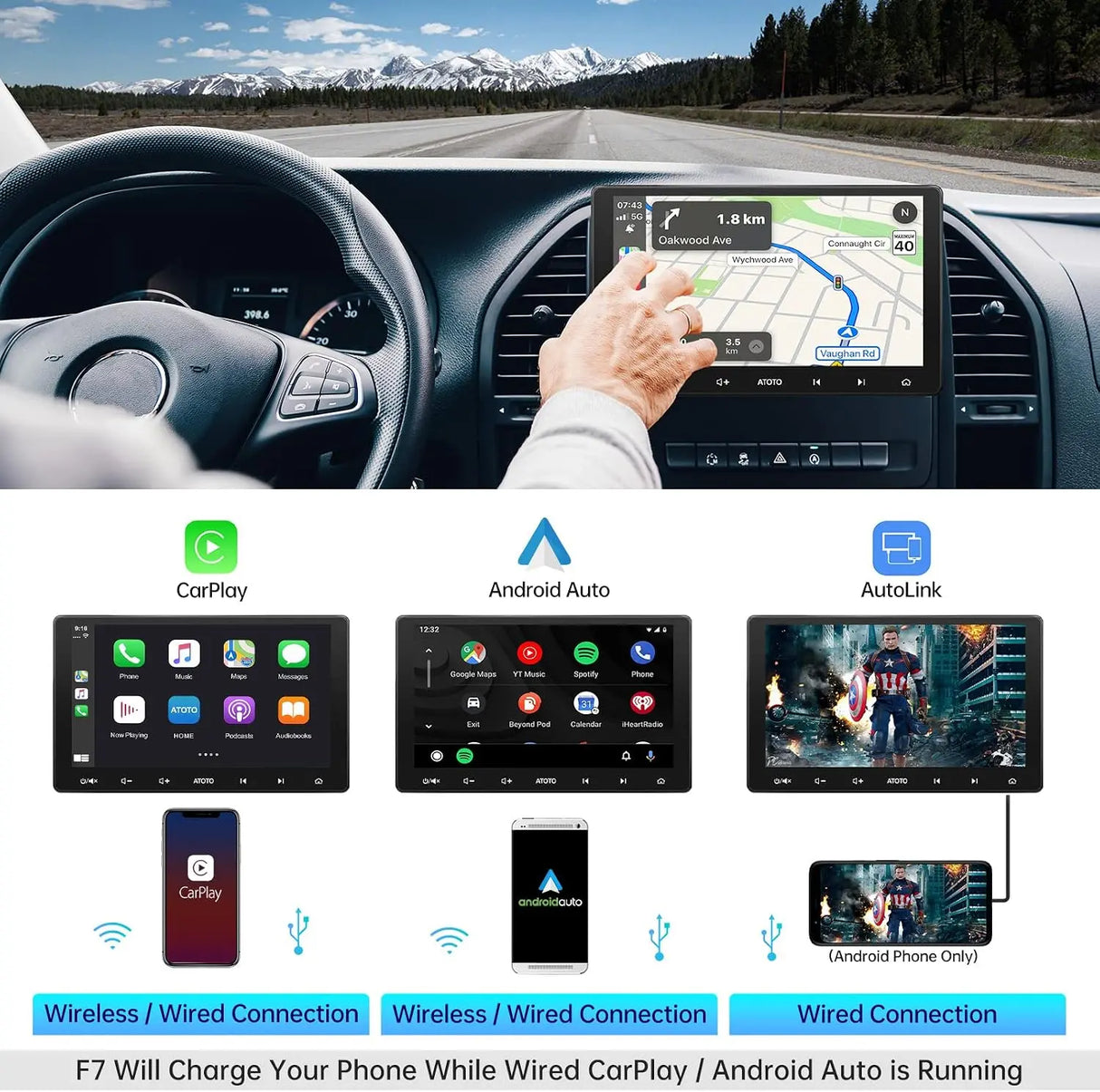 ATOTO F7G211WE 10.1" Double DIN Car Stereo with Wireless Apple CarPlay & Android Auto, QLED Touchscreen, DSP, Bluetooth, LRV, MirrorLink, Steering Wheel Control, AUX, FM/AM Radio
