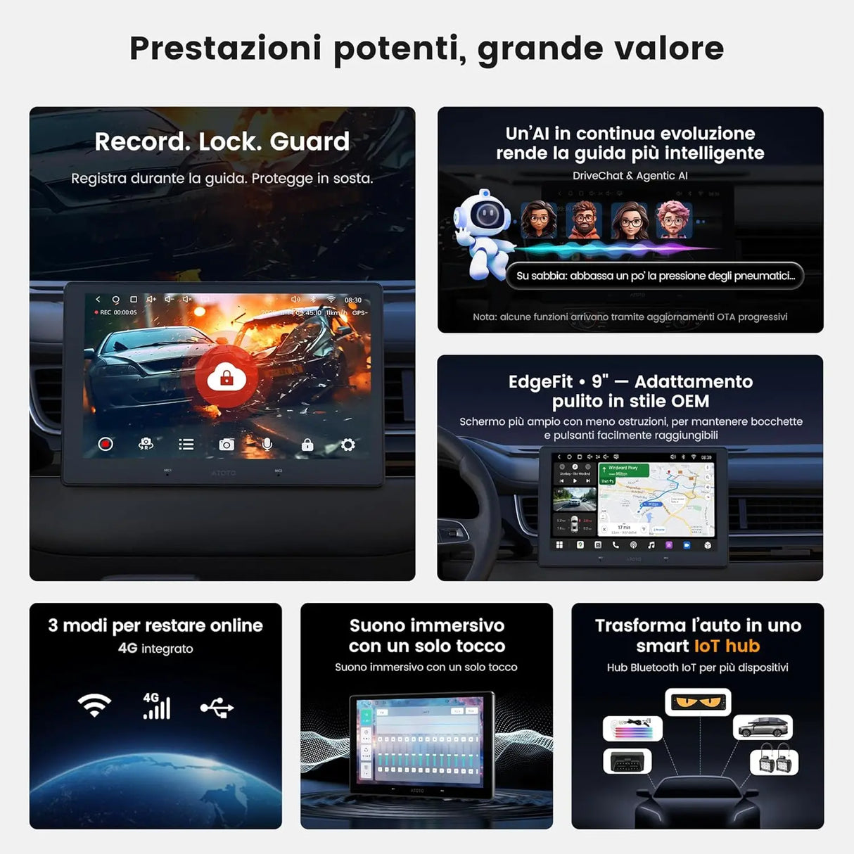 ATOTO A7G209PKL 9 Pollici Autoradio Android 2 DIN, 4G+64G, Wireless CarPlay & Android Auto, Hi-Fi DSP 4V Pre-Outs, Chat IA & Tracciamento GPS, WiFi/BT