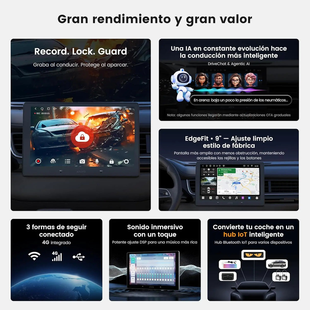 ATOTO A7G209PKL 9" QLED Autoradio Android 2 DIN, Wireless CarPlay & Android Auto, Hi‑Fi DSP con 4V Pre‑Outs, WiFi/BT Tethering, Rastreo GPS, Chat IA