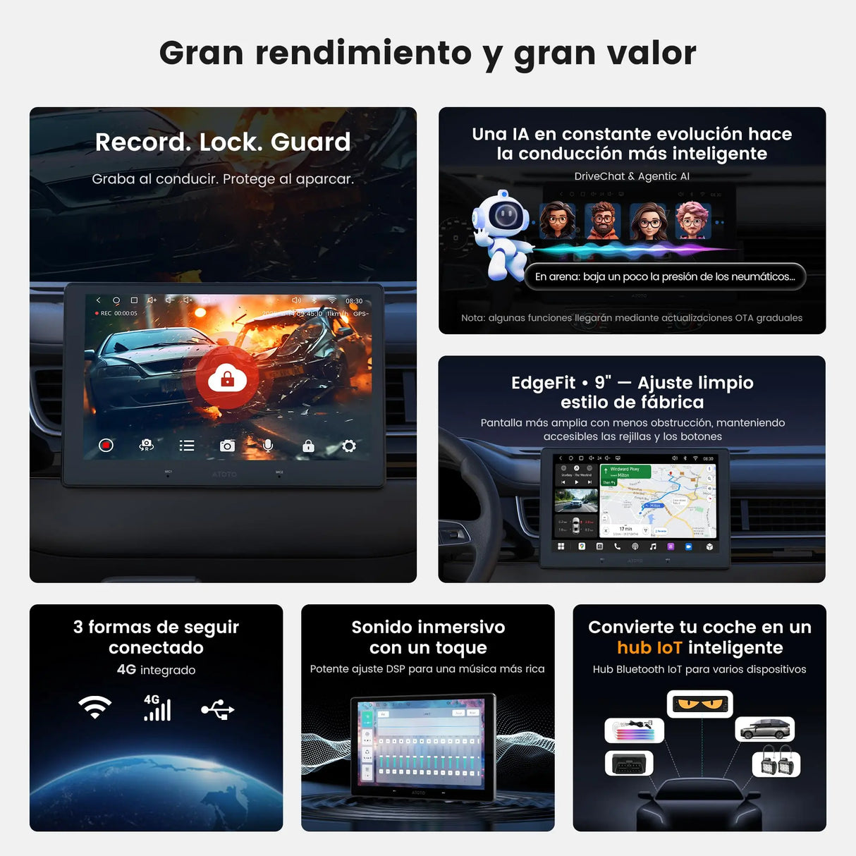 ATOTO A7G209PKL 9" QLED Autoradio Android 2 DIN, Wireless CarPlay & Android Auto, Hi‑Fi DSP con 4V Pre‑Outs, WiFi/BT Tethering, Rastreo GPS, Chat IA