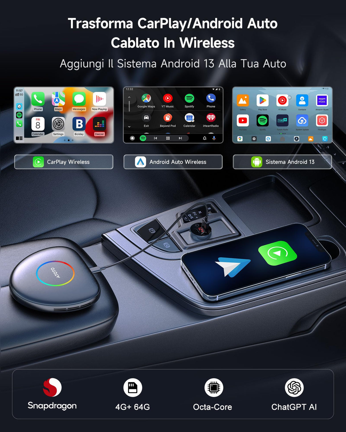 ATOTO CB6C Wireless CarPlay-Adapter Android 13, Intelligente Plug&Play-Autobox mit GPS, AI DriveChat, 4G LTE, 4 GB + 64 GB, Schwarz