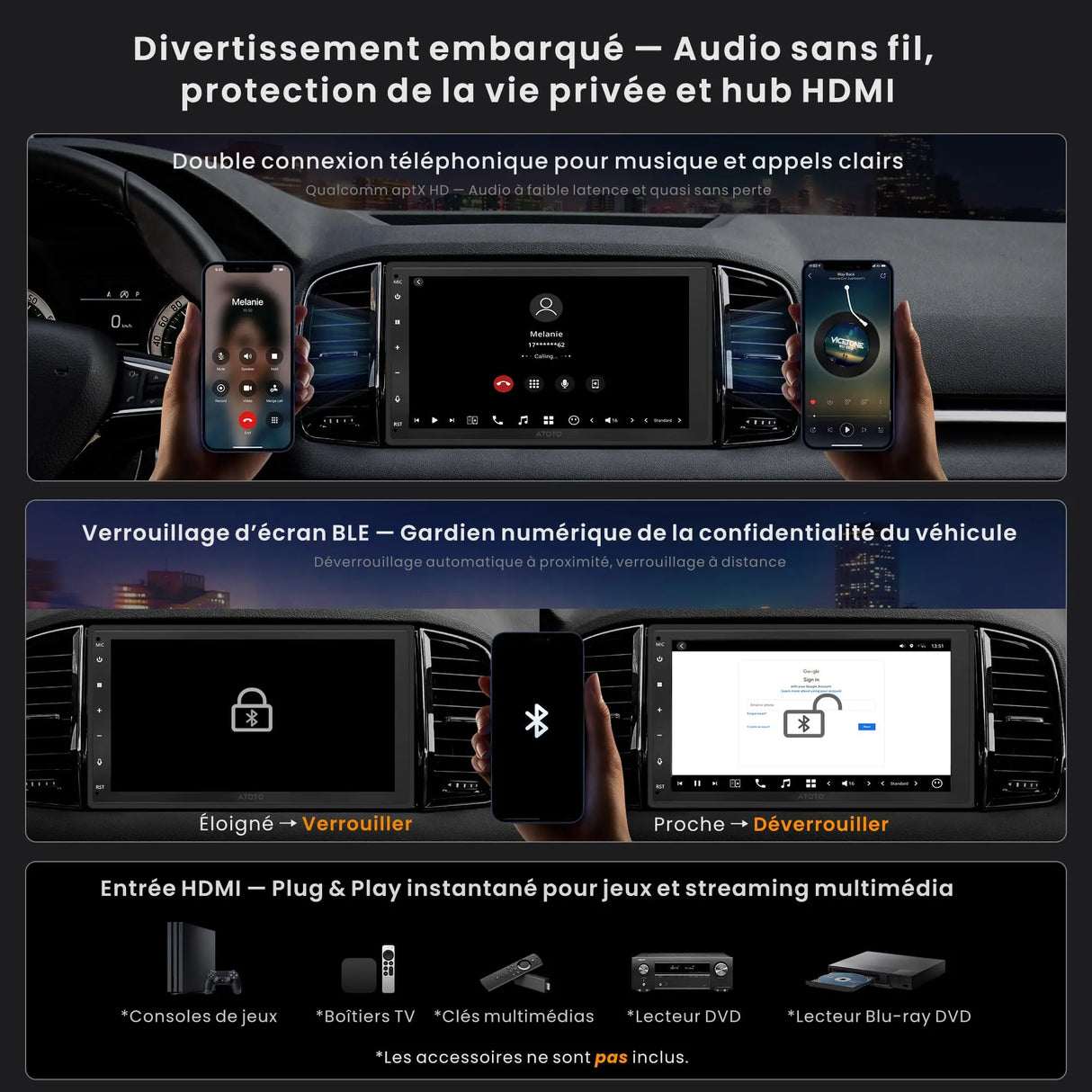 ATOTO X10DG2B7E Autoradio 2 DIN 7 Pouces, QLED, 8+128G, Microphone Double et Entrée Caméra, CarPlay & Android Auto sans fil, 4G LTE, Assistant vocal IA, Suivi GPS, DAB, Bluetooth, LRV, Entrée HDMI