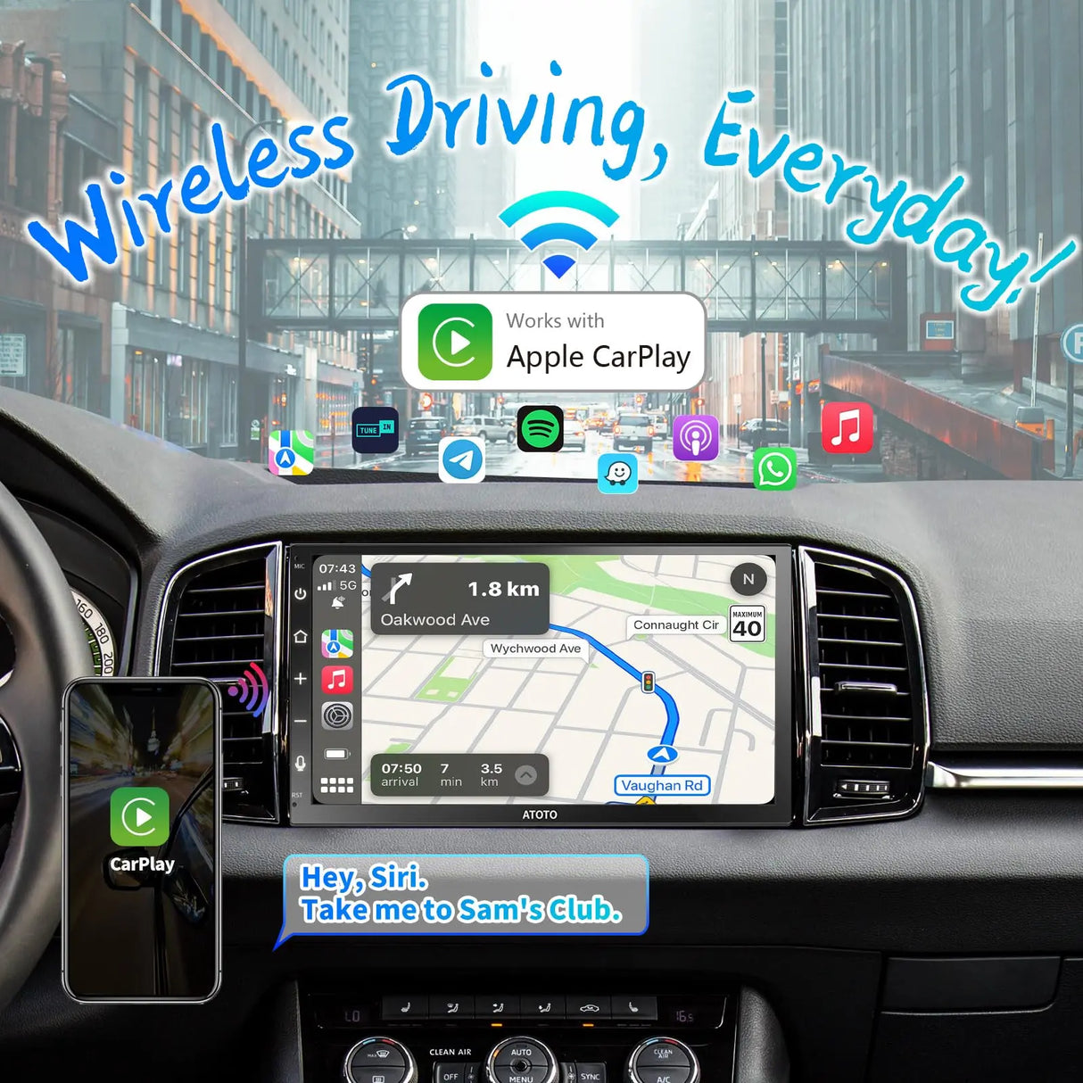 ATOTO F7G2B7WE 7" Double Din Head Unit with Wireless CarPlay & Android Auto, HD Touchscreen, Bluetooth, GPS Navigation, FM/AM, MirrorLink, HD Live Rearview, Voice Control