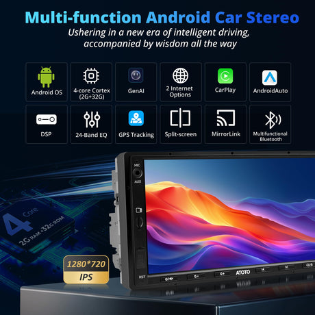ATOTO A5LG2A7T 7" Android Double Din Car Stereo with OBD II, Touchscreen, Wireless Carplay Android Auto, 24-B EQ DSP, WiFi/BT Tethering, GPS Tracker, 2G+32G