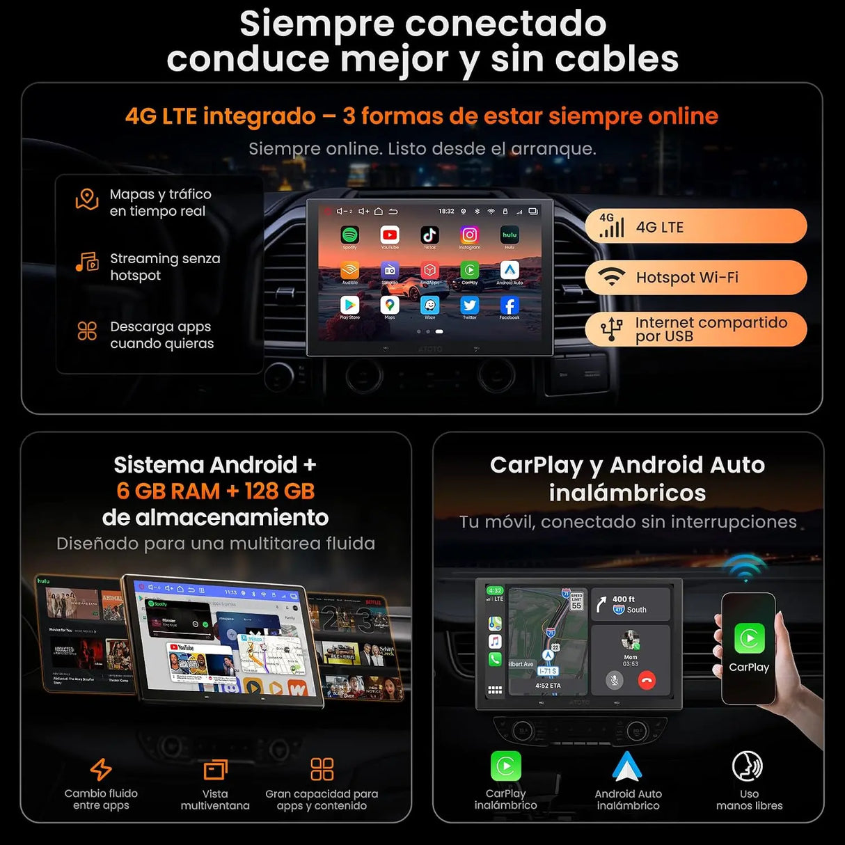 ATOTO V10G110OC 10,1" Radio Android para Coche 1 DIN & 2 DIN, 6GB+128GB, CarPlay y Android Auto Inalámbricos, 4G LTE/WiFi, GPS, Bluetooth 5.4 aptX HD, DSP 24B-EQ, DVR 4 Canales, Karaoke en el Coche, Asistente AI