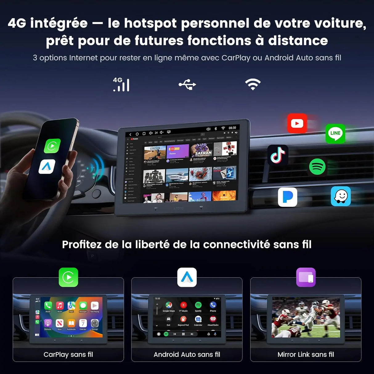 ATOTO S84G209P Autoradio Android 2 DIN 9", 4GB+64GB, CarPlay & Android Auto sans Fil, Wi-Fi/Bluetooth/USB, DSP Hi-Fi avec Sorties 4V, Chat IA & Suivi GPS