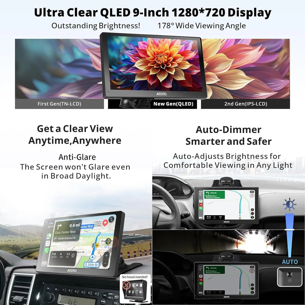 ATOTO 9" Portable Car Stereo with 1080P Dash & Rear Cameras, Wireless CarPlay & Android Auto, QLED Display, 4G LTE, Wi-Fi, ChatGPT, 4+32G, FM/AM Radio, Dual Bluetooth, GPS, HDMI Input