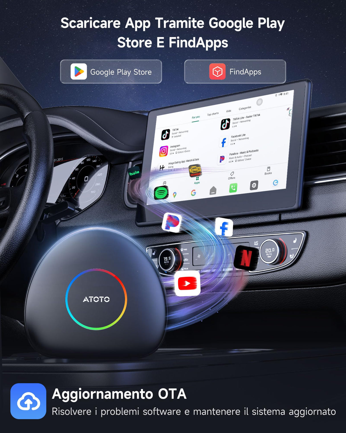 ATOTO CB6C Adattatore CarPlay Wireless Android 13, Box Intelligente Auto Plug & Play con GPS, AI DriveChat, 4G LTE, 4GB+64GB, Nero