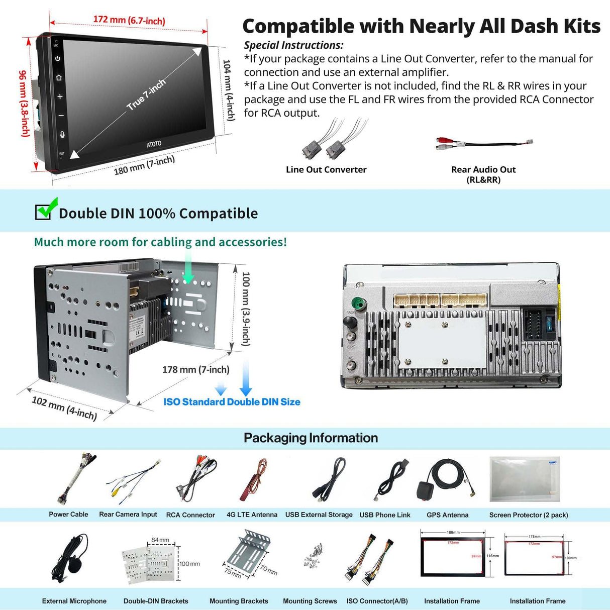 ATOTO S8G2B74MS 7" Double Din Head Unit with QLED Display, Wireless Android Auto & CarPlay, GPS Tracking, 4G+32G, Built-in 4G LTE, Dual Bluetooth, LRV, SCVC, Split-Screen Display