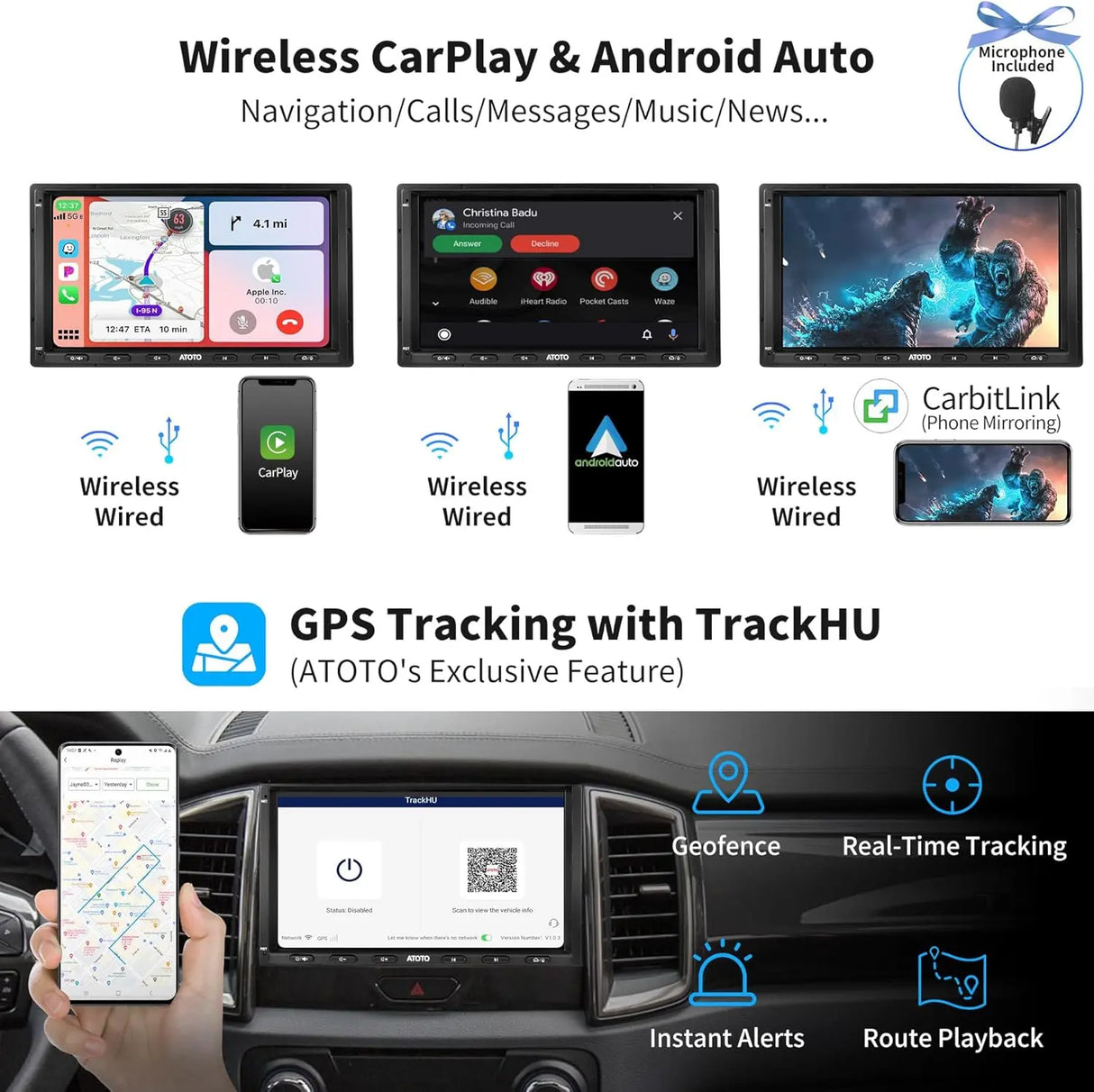 ATOTO S8G2A74MS 7" Double Din Car Stereo, QLED Touchscreen, Wireless CarPlay & Android Auto, 4+32G, Built-in 4G LTE, Dual Bluetooth, Split-Screen Display, WiFi/BT/USB Tethering, GPS Tracking, HD Live Rear View & SCVC