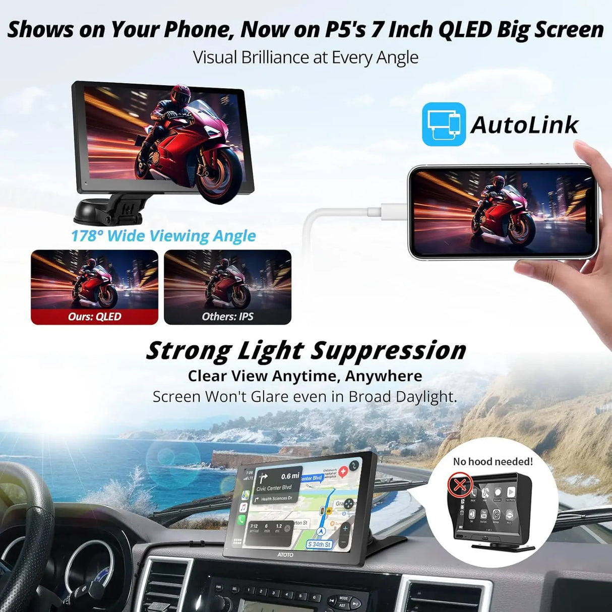 ATOTOEXCEL Tragbarer Carplay-Bildschirm für Android Auto mit 1080P- und SWC-Retromarcia-Telekamera, P5 Tragbares drahtloses Autoradio mit Carplay-Navigation, 7 Zoll QLED-Touchscreen, Mirrorlink