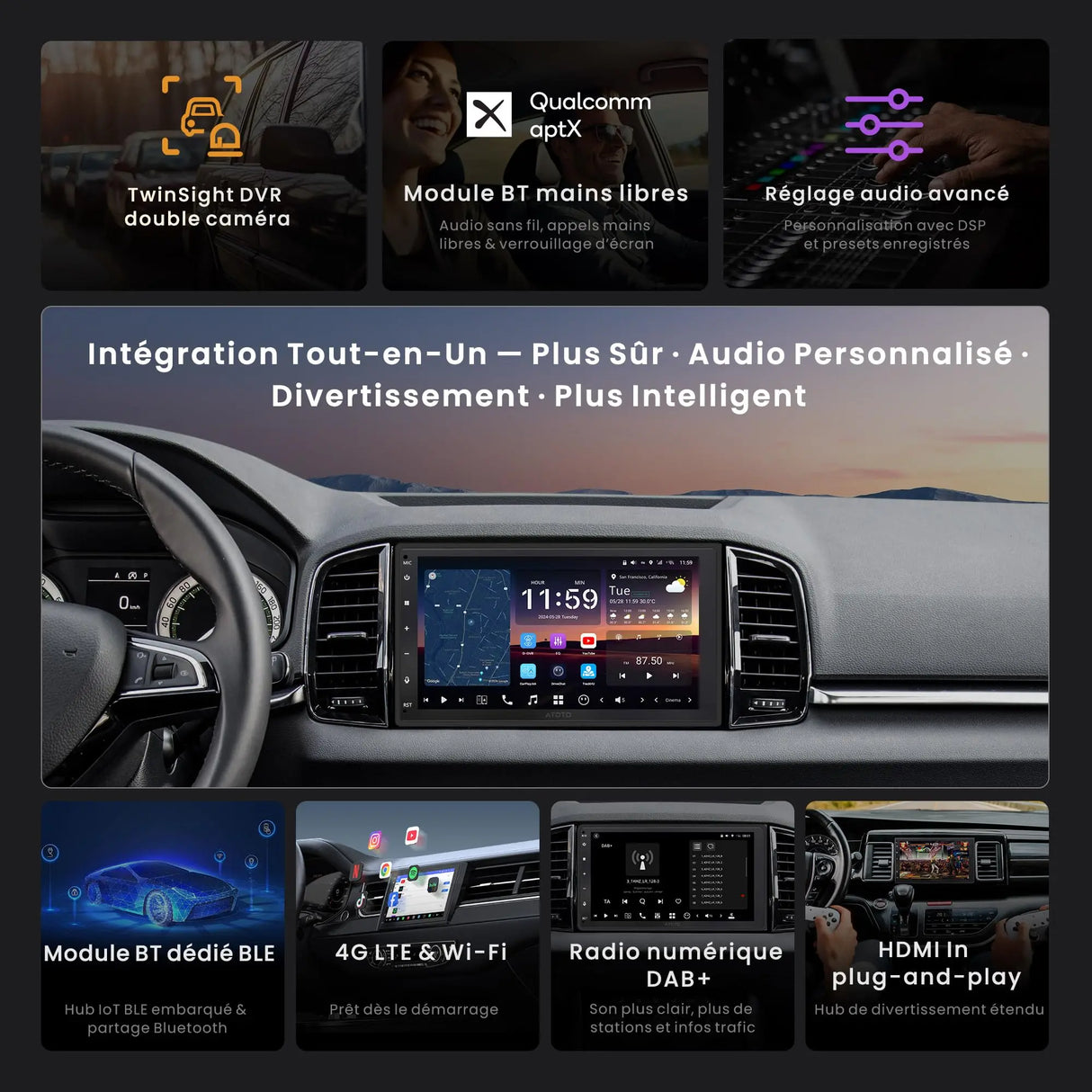 ATOTO X10DG2B7E Autoradio 2 DIN 7 Pouces, QLED, 8+128G, Microphone Double et Entrée Caméra, CarPlay & Android Auto sans fil, 4G LTE, Assistant vocal IA, Suivi GPS, DAB, Bluetooth, LRV, Entrée HDMI