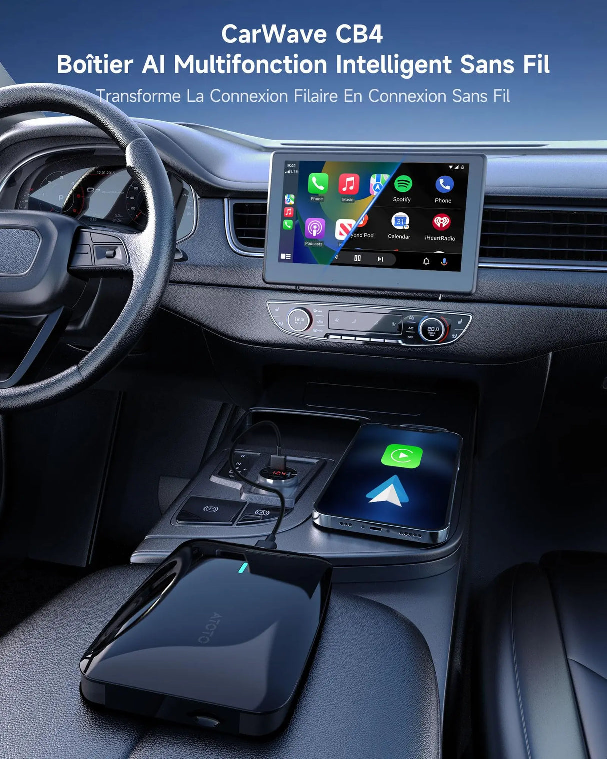 ATOTO CB4B Adaptateur CarPlay sans Fil – Double WiFi, Double Bluetooth, Carte TF 128Go, 4Go+32Go, AI Box Android avec DriveChat, Netflix/YouTube, Noir