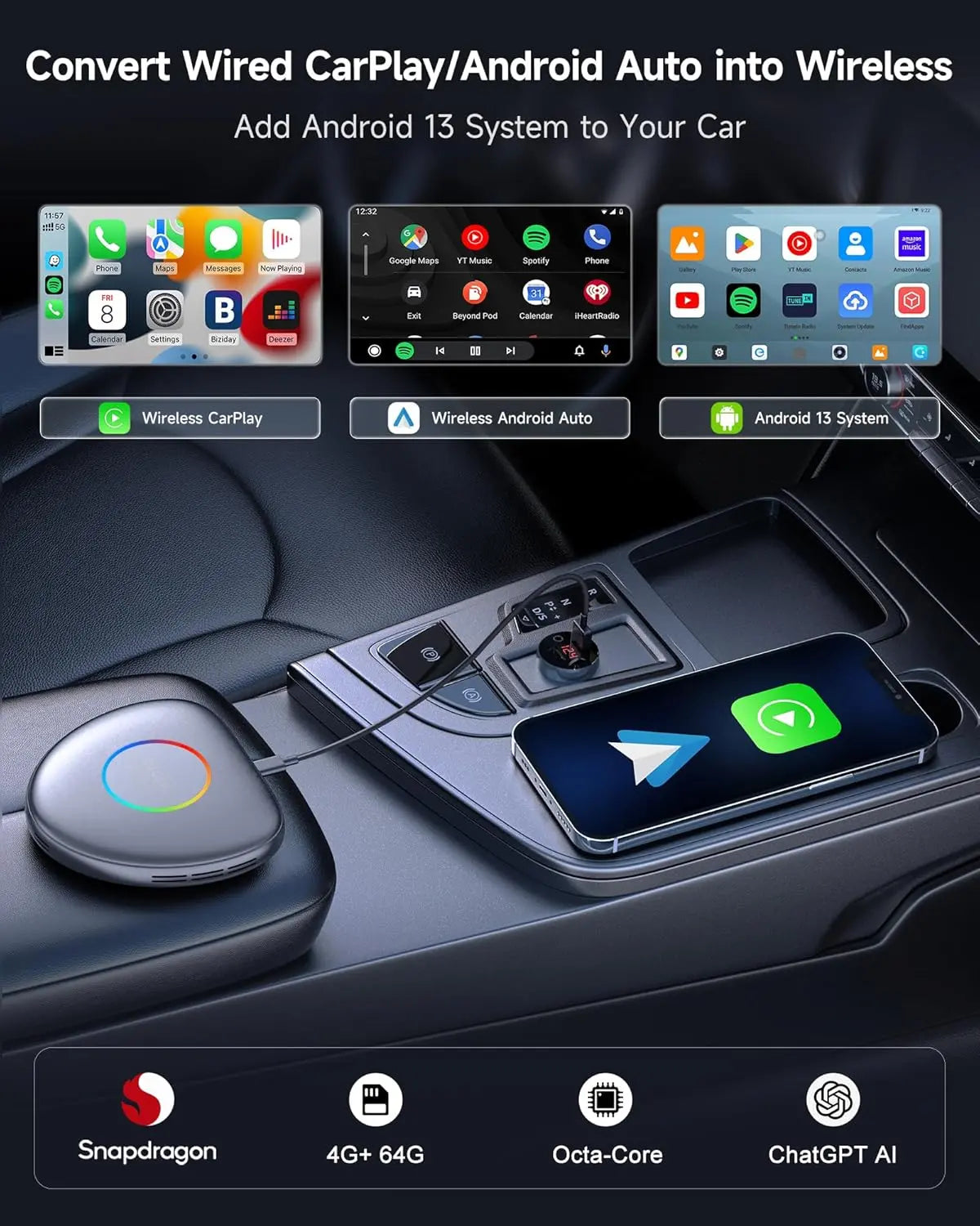 ATOTO CarWave CB6C Wireless CarPlay Adapter Android AI Box, 4G LTE Car Video Streaming Box for iPhone & Android Auto, Plug & Play, ChatGPT, YouTube, Netflix, TikTok, 4G+64G