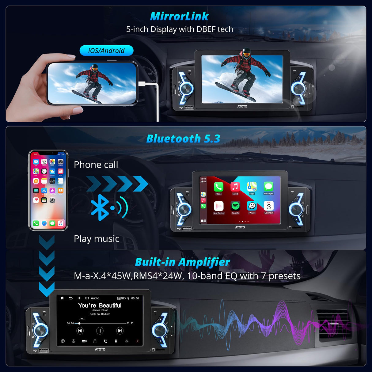 ATOTO F7G1A5WE 5" Single Din Car Stereo with Wireless CarPlay, Android Auto, Bluetooth, GPS Navigation, FM/AM Radio, WiFi, MirrorLink & Live Rear View