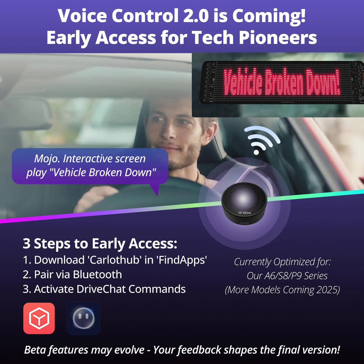 ATOTO CI-VIALD19 Programmable LED Car Sign - 19.4" Voice & App Controlled Scrolling Text Display with Custom RGB Animations for Vehicles, Stores & Hotels (USB 5V Powered, Flexible Mount)