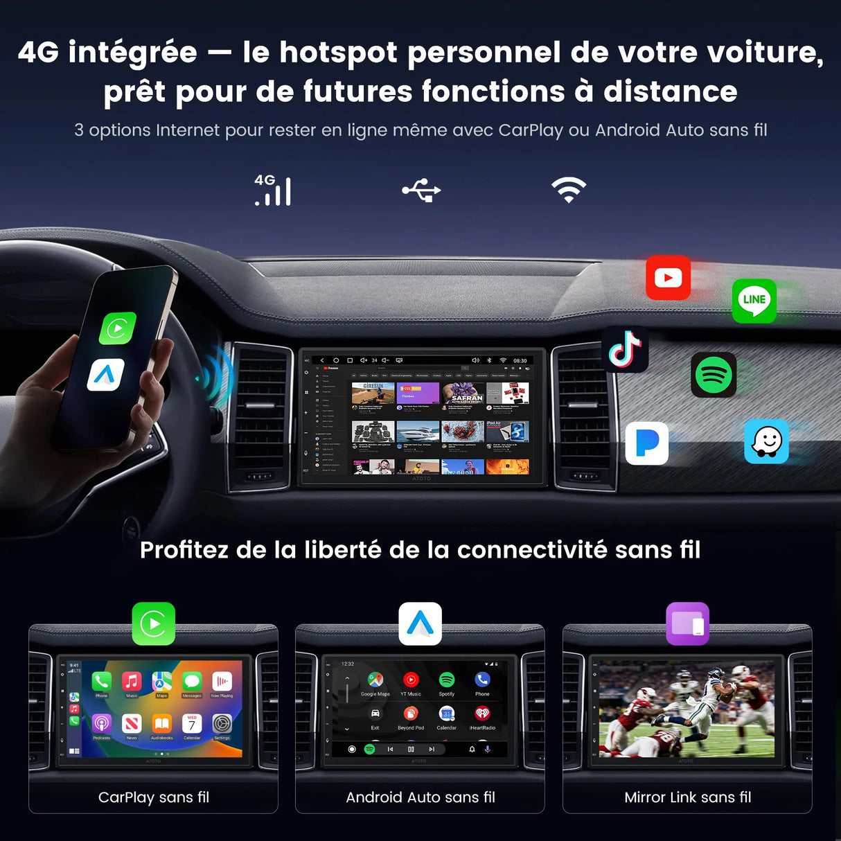 ATOTO S84G2B7P 7" Autoradio Android 2 DIN, CarPlay et Android Auto sans Fil, DSP Hi-Fi avec Sorties 4V, Chat IA, Suivi GPS, WiFi/Bluetooth/USB, 4G+64G