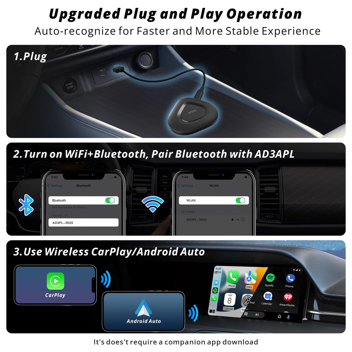 ATOTO AD3 Wireless CarPlay Adapter, 2-in-1 CarPlay/Android Auto Box, Plug & Play, Compatible with Original Car Models After 2016 with Wired CarPlay, 2024 Upgrade