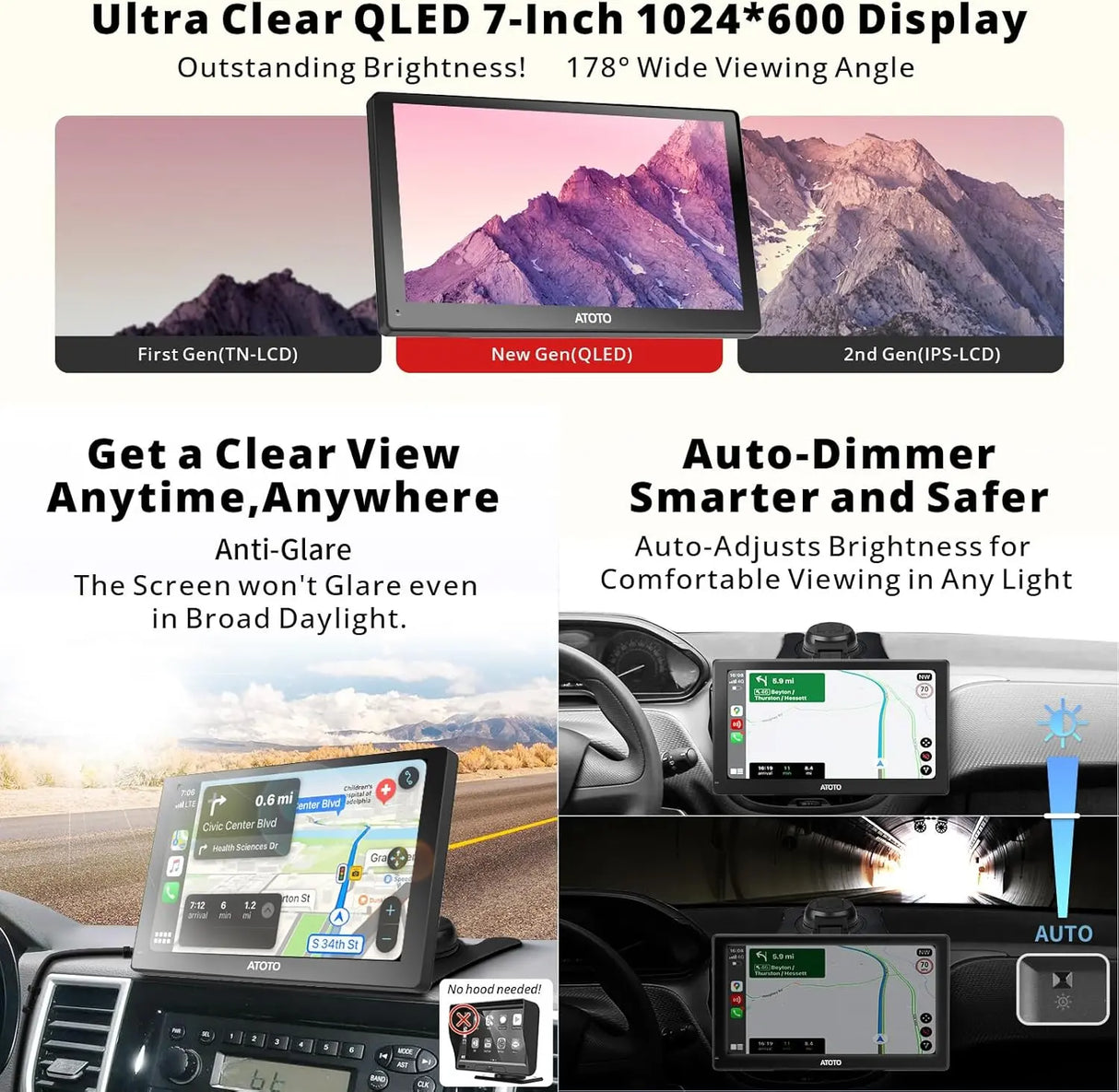 ATOTO GPS per Auto con Telecamera di Backup 1080P, Autoradio Portatile 7" QLED, CarPlay Wireless, Android Auto Wireless, Tracciamento GPS, 4G LTE, Ingresso HDMI, 4G+32G, Auto-Dimmer