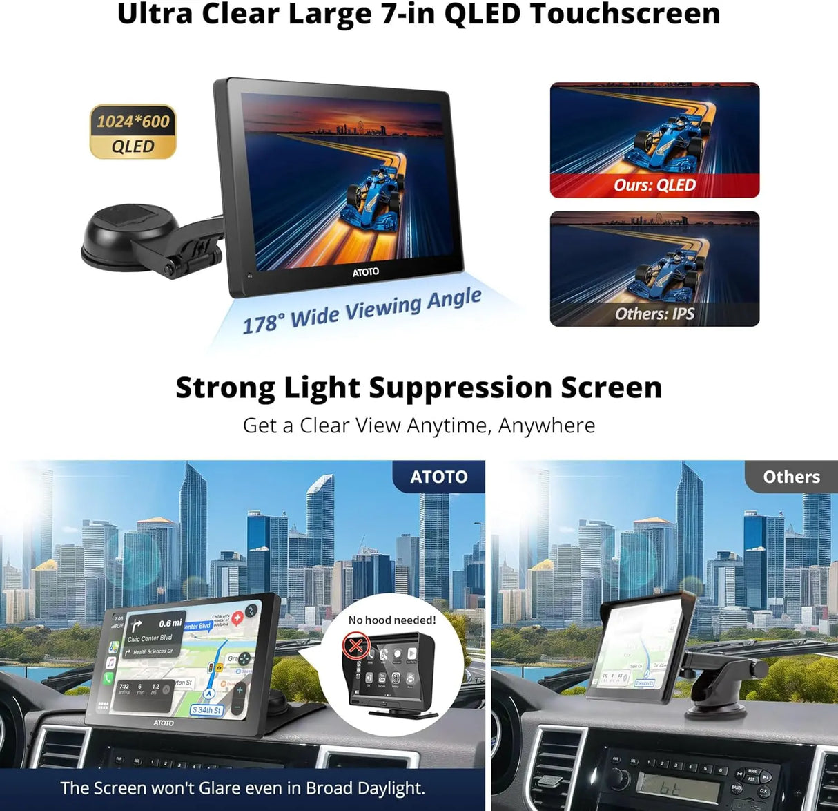 ATOTO P807SD 7" Portable Wireless Car Stereo with HD 1080P WDR Rear Camera, QLED Glare-Suppressing Touchscreen, Wireless CarPlay & Android Auto, OTA Upgrade, Remote Control & FM/AUX Output