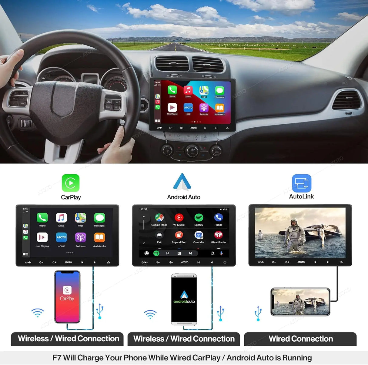 ATOTO F7G211XE 10.1 Inch Double Din Car Stereo with in-Dash Navigation, Wireless CarPlay & Android Auto, 1280×720 QLED Display, MirrorLink, Bluetooth, HD LRV, SXM Ready, Quick Charge, USB/SD (Up to 2TB)