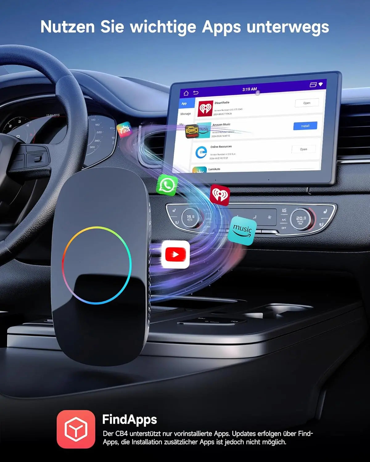ATOTO CB4CT CarPlay AI Box – Adaptador CarPlay inalámbrico y Android Auto con Android 2GB+16GB, Caja de vídeo para YouTube, Netflix y más, Wi-Fi/Bluetooth doble, OTA, Negro