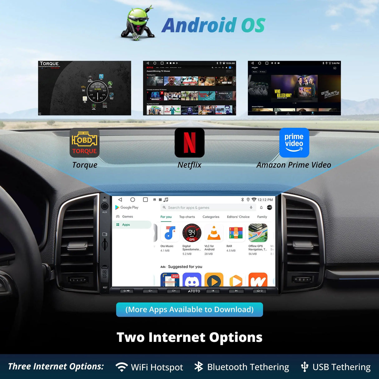 ATOTONA Android Double Din Car Stereo & Backup Camera, Wireless CarPlay&Android Auto 7-Inch Touchscreen, OBD2 Scanner, GPS Navigation, MirrorLink, WiFi/USB/Bluetooth, 2G+32G, Built-in DSP, FM/AM/TF