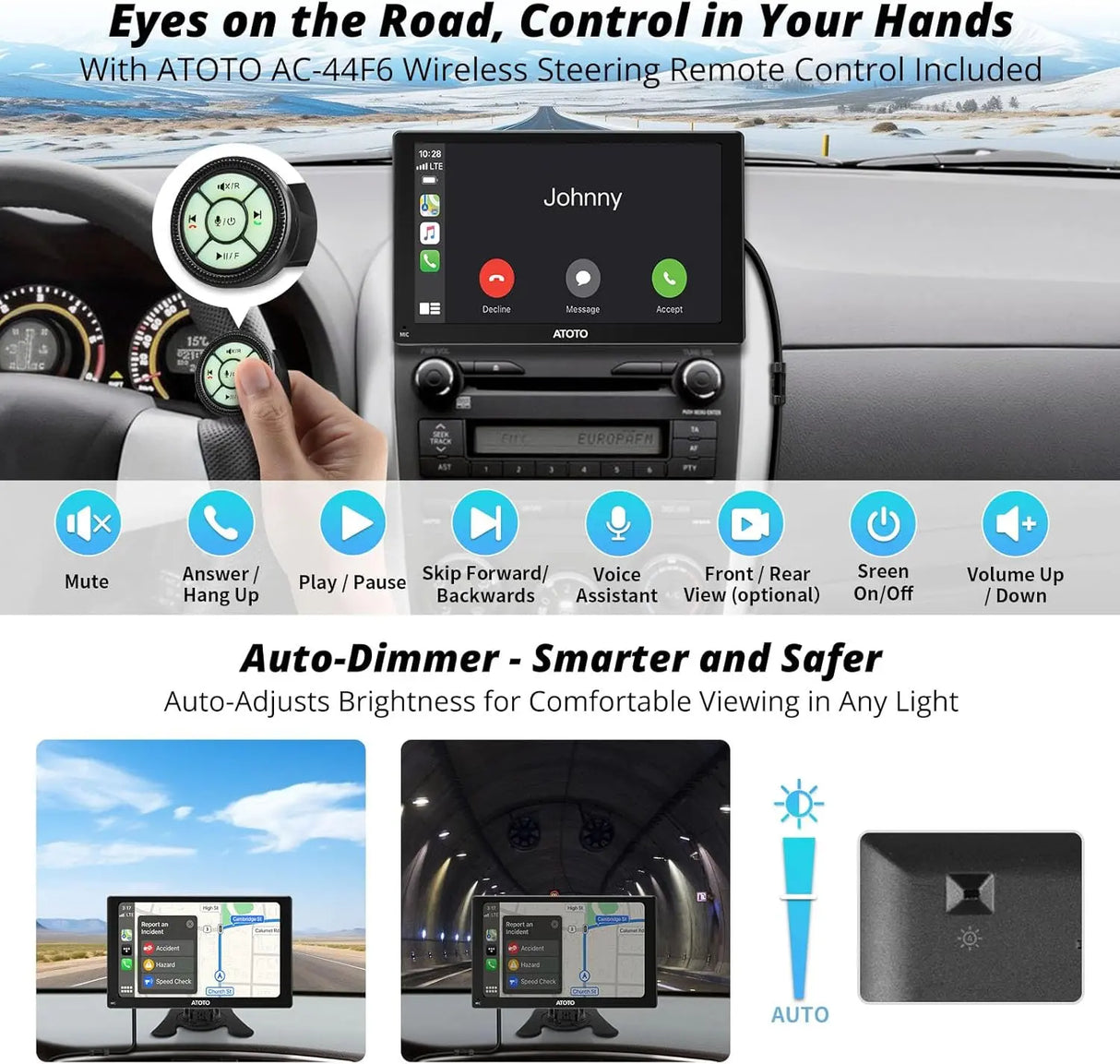 ATOTO P507SD 7″ Portable CarPlay Screen with Dual Cameras – QLED Glare-Suppressing Touchscreen, GPS Navigation, Wireless CarPlay & Android Auto, Remote Control, Bluetooth & AUX/FM