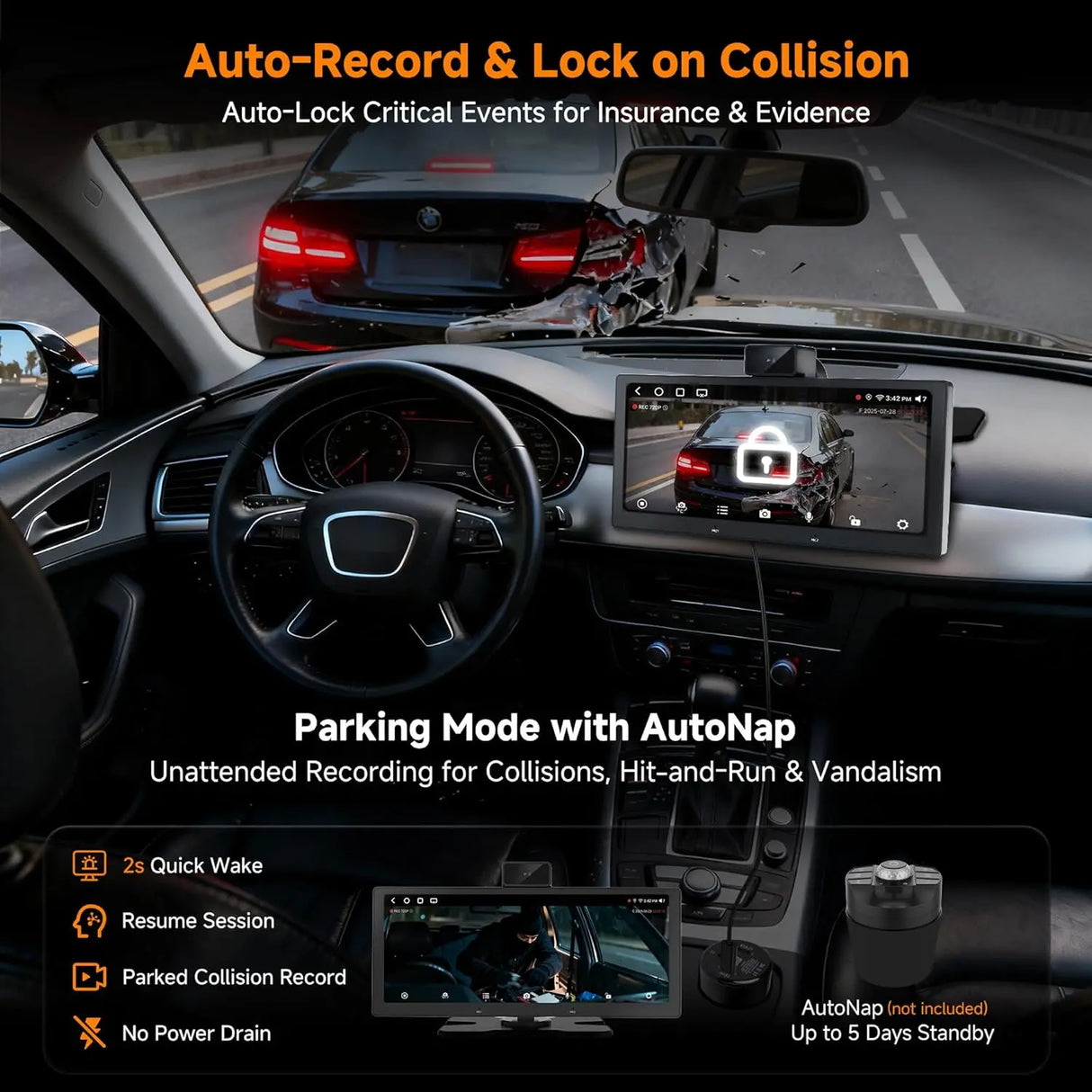 ATOTO P625S1N 10.25" Portable CarPlay Screen – Wireless CarPlay & Android Auto Car Stereo with Front & Cabin DVR Cameras, G-Sensor, WiFi/USB Tethering, Bluetooth, MirrorLink, GPS