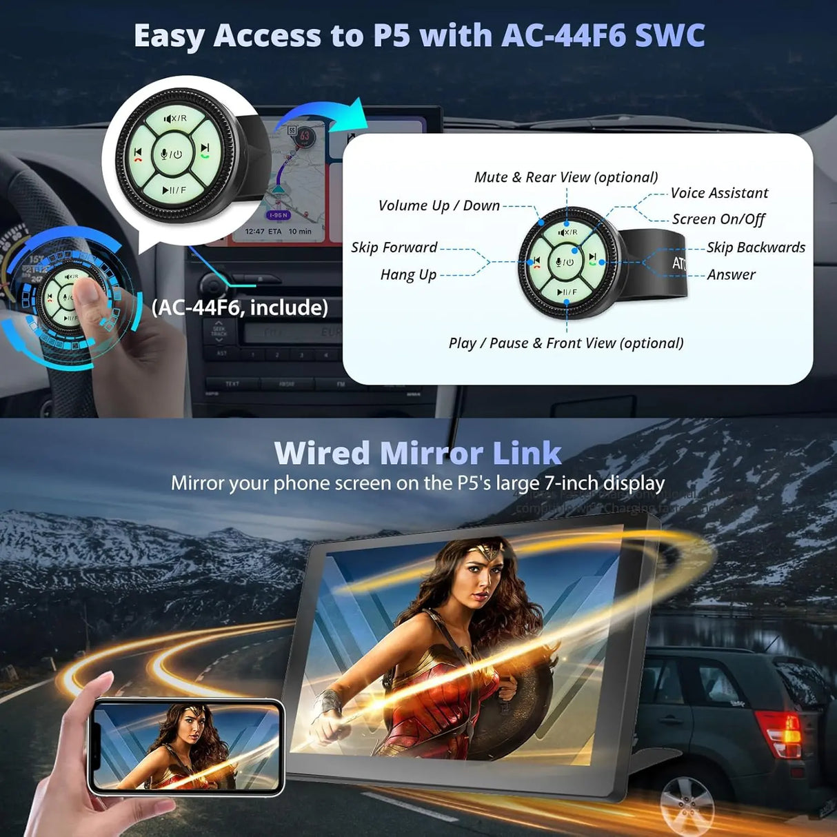 ATOTO P507SD 7" Portable CarPlay Screen with 1080P Backup Camera & Remote Control – Wireless CarPlay & Android Auto Touchscreen, Dash GPS Navigation, QLED Glare-Suppressing Display, MirrorLink