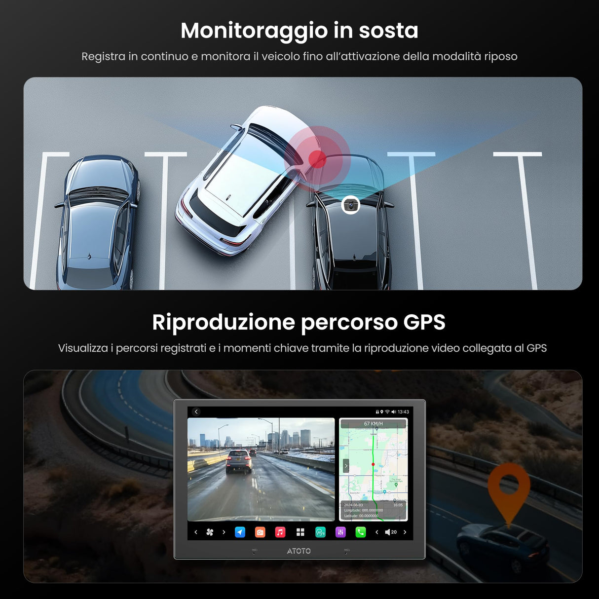 ATOTOEXCEL Dashcam Anteriore AHD 1080p con 30fps,Visione Notturna Starlight,WDR,Grandangolo 136°,G‑Sensore,Modo Parcheggio,Reg. in Loop,Riproduzione Traccia GPS,Solo Compatibile con Serie V10,AC‑HN9FR