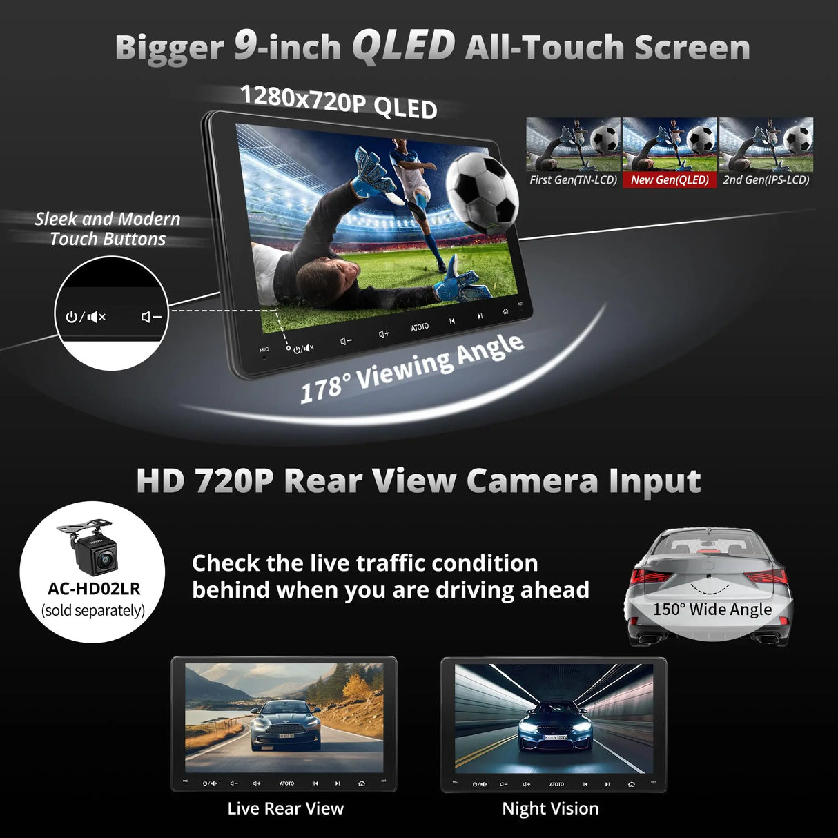 ATOTO A6G209PL 9" Double Din Car Stereo, QLED Display, 8-Core Android, 4G+64G, 4G LTE WiFi/BT/USB Tethering, Wireless CarPlay & Android Auto, MirrorLink, Dual Bluetooth, DSP, FM Radio, In-Dash Navigation