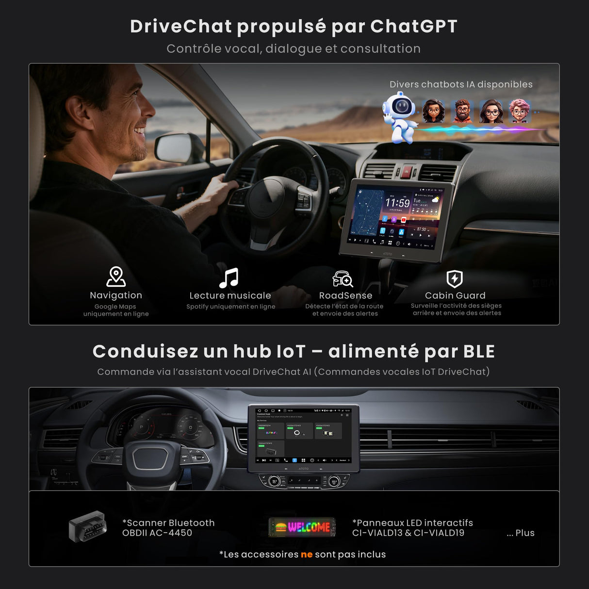 ATOTOOUT Autoradio Double Din 9 Pouces X10, écran Tactile QLED 8G+128G, CarPlay sans Fil, Android Auto, Android avec 4G/Wi-FI/BT/USB, DSP, AMP, SUB, GPS, entrée caméra Avant et de recul 1080P