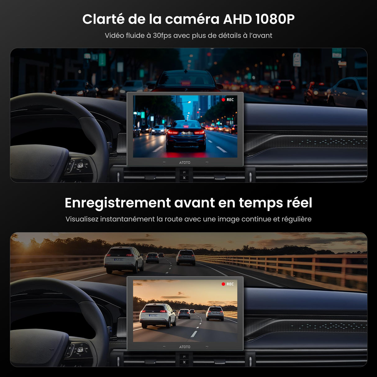 ATOTO AC-HN9FR Caméra Dash Avant AHD 1080p, 30fps, Vision Nocturne Starlight, WDR, Grand-Angle 136°, G-Capteur, Mode Parking, Enregistrement en Boucle, Lecture Trace GPS, Série V10
