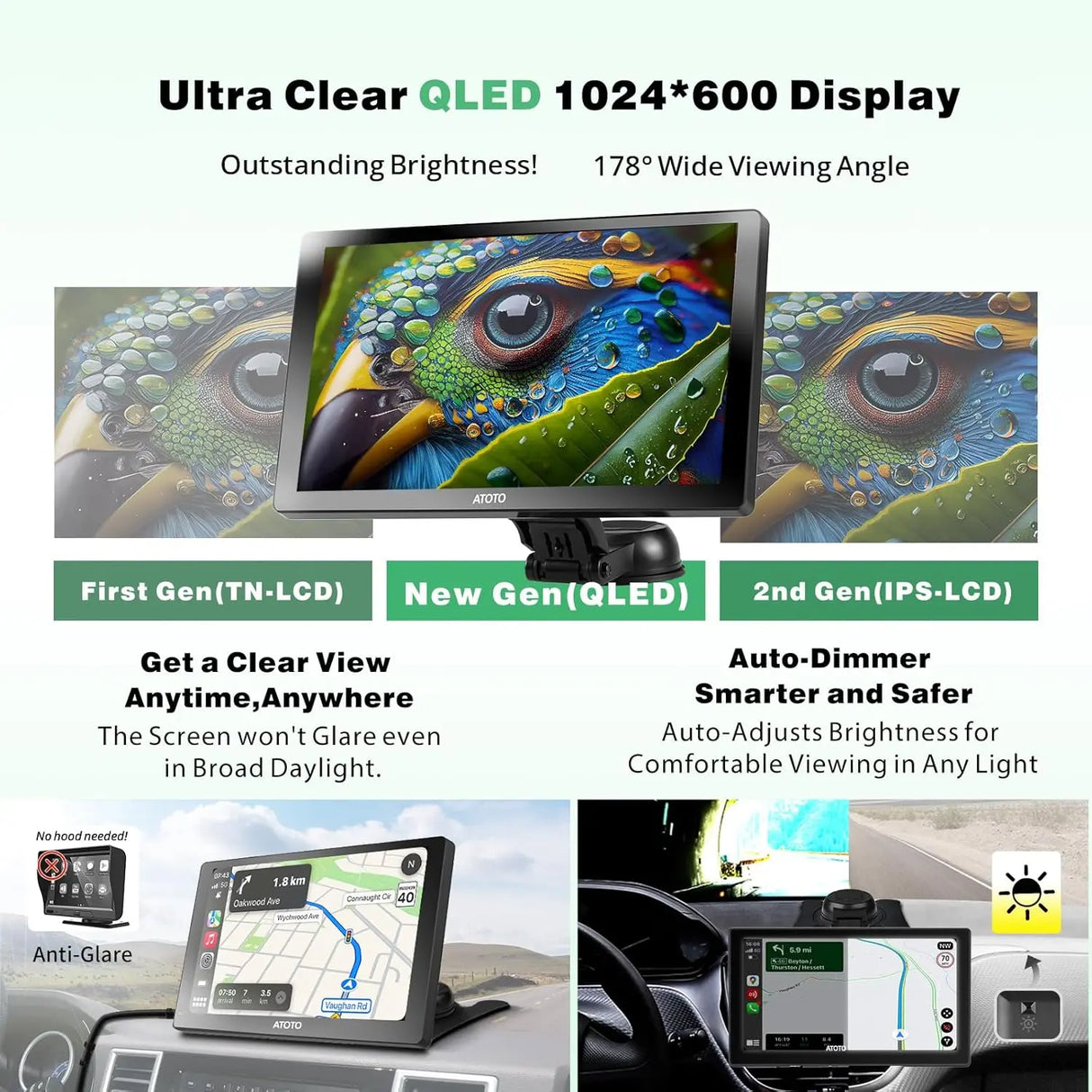 ATOTO Estéreo De Coche Portátil Android De 7 Pulgadas QLED, CarPlay Y Android Auto inAlámbrico De 2+32GB, Mirror Link, Seguimiento GPS, Bluetooth Dual, WiFi, USB, Bluetooth, Puerto HDMI, P907SD