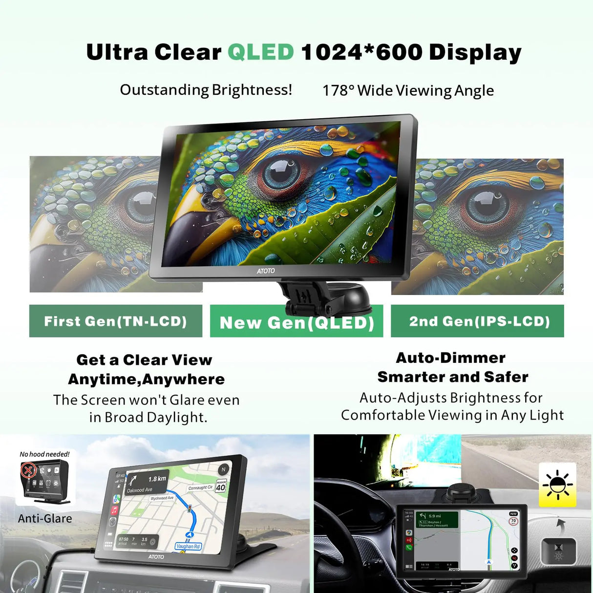 ATOTO Estéreo De Coche Portátil Android De 7 Pulgadas QLED, CarPlay Y Android Auto inAlámbrico De 2+32GB, Mirror Link, Seguimiento GPS, Bluetooth Dual, WiFi, USB, Bluetooth, Puerto HDMI, P907SD