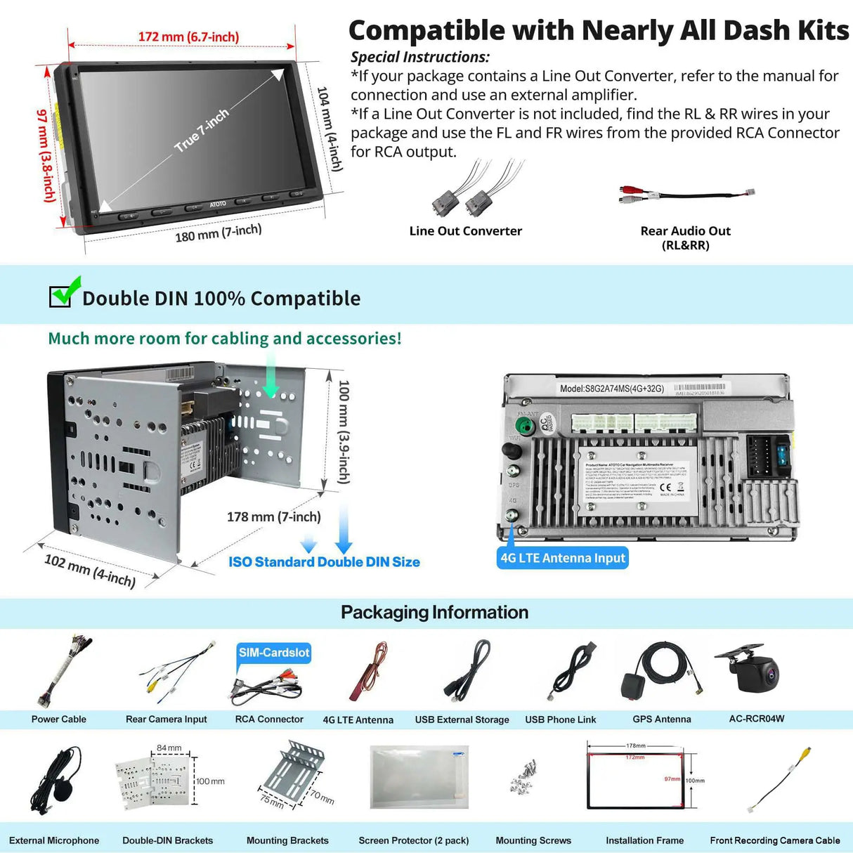 ATOTO S8G2A74MS 7” QLED Double Din with Backup Camera – 8-Core Wireless CarPlay & Android Auto, Built-in 4G LTE, Wi-Fi/BT/USB Tethering, DSP, SCVC, AI Chat, 4GB+32GB