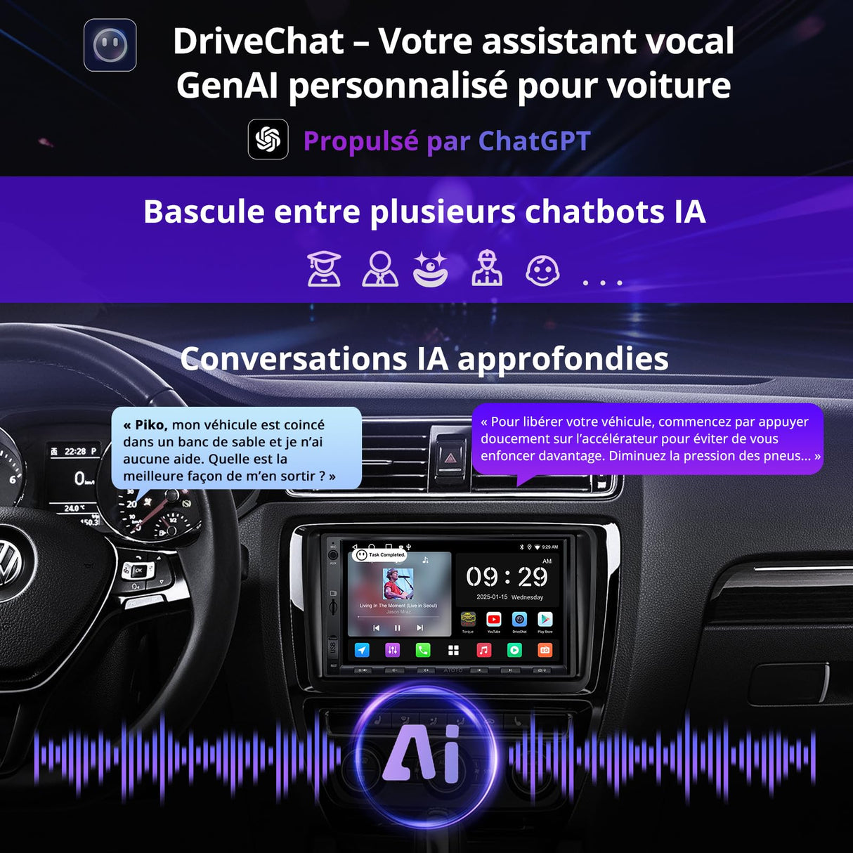 ATOTO A5LVWA7T 7 Zoll 2 DIN Autoradio – Navi, WiFi, Bluetooth, USB, MirrorLink, 24-Band EQ DSP, FM, AUX, TF, Wireless CarPlay & Android Auto, 2G+32G, Kompatibel mit VW/Golf/Polo/Tiguan