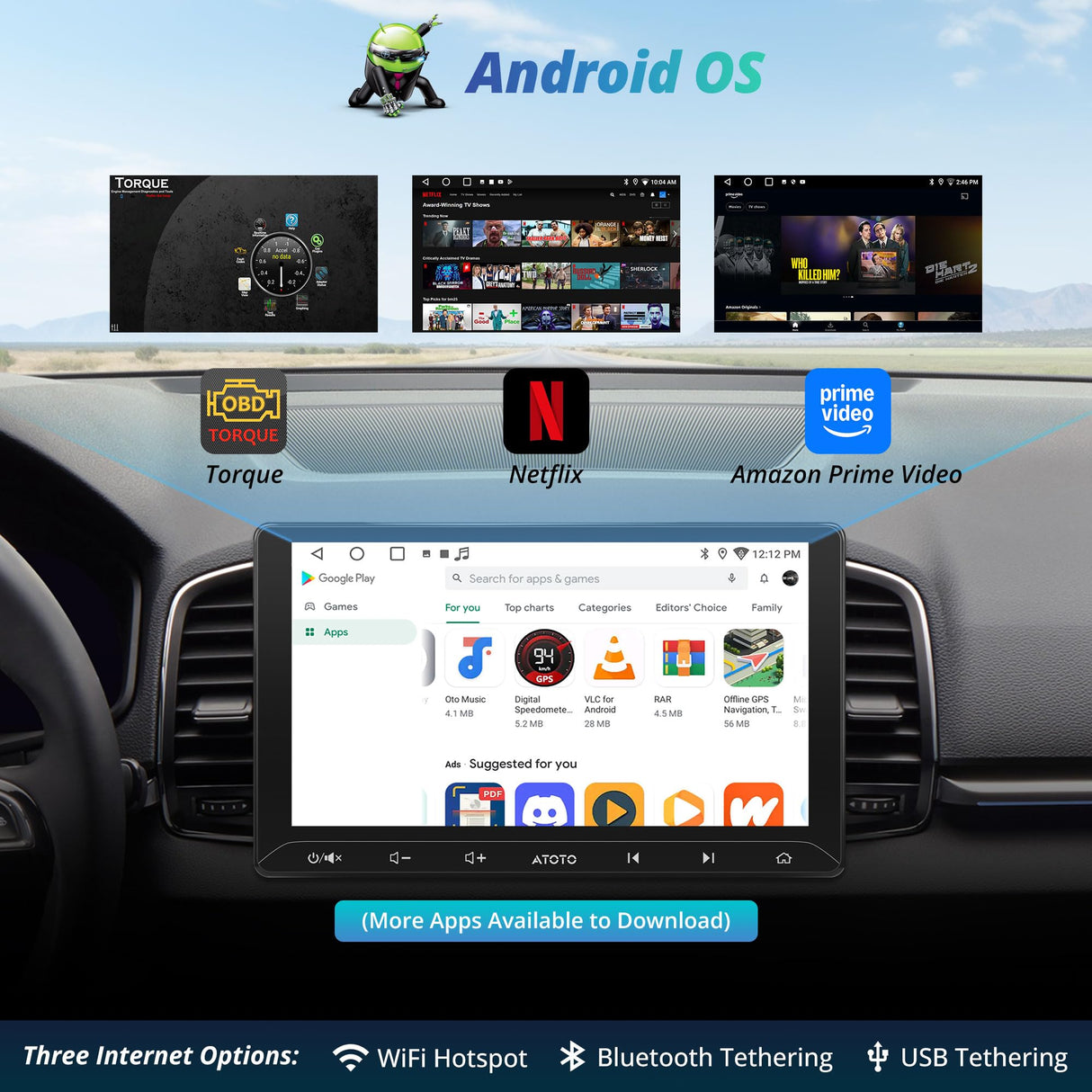 ATOTO A5LG211T 10.1" 2 Din Android Autoradio, Wireless CarPlay & Android Auto, Stereo with OBD Scanner, 24-Band EQ, WiFi/BT/USB Tethering, 2G+32G, GPS Tracking, FM/RDS