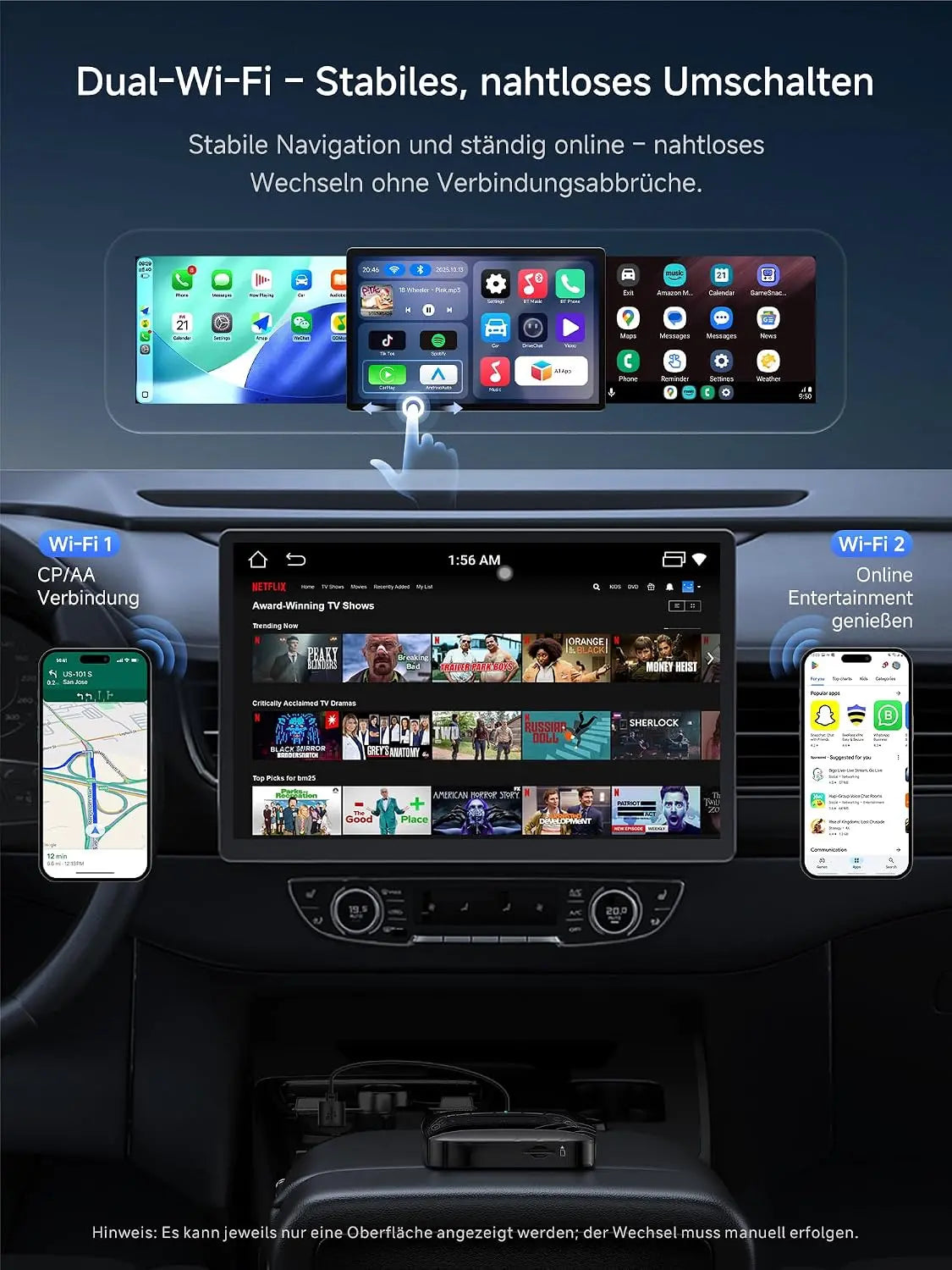 ATOTO CB4B Wireless CarPlay Adapter mit Android AI Box | Kabelloses CarPlay & Android Auto, KI-DriveChat, Netflix & YouTube, Dual-WLAN/Bluetooth, 4GB+32GB