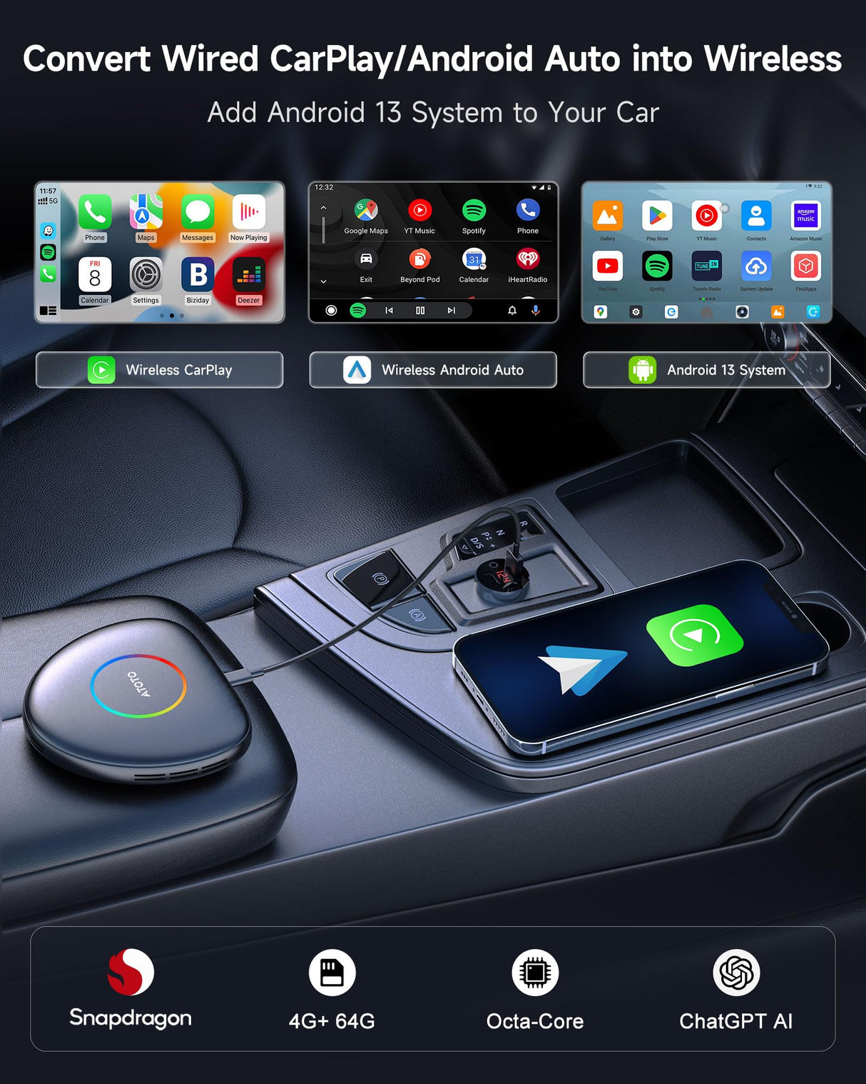 ATOTO CB6C Wireless CarPlay Adapter, CarWave Car Smart Box, Android 13, 4G LTE, 4+64G, GPS Tracking, AI DriveChat, Android Auto, Plug & Play, Black