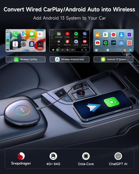 ATOTO CB6C Wireless CarPlay Adapter, CarWave Car Smart Box, Android 13, 4G LTE, 4+64G, GPS Tracking, AI DriveChat, Android Auto, Plug & Play, Black