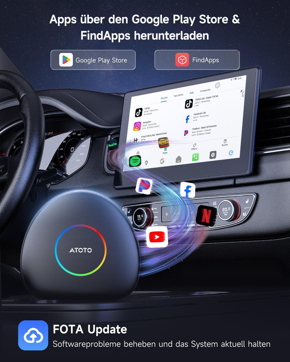 ATOTO CB6C Kabelloser CarPlay-Adapter Android 13 KI-Box, 4G LTE, 4 GB + 64 GB, TrackHU GPS & DriveChat KI, Dualband-WLAN, BT 5.0, Plug & Play-Smart-Box