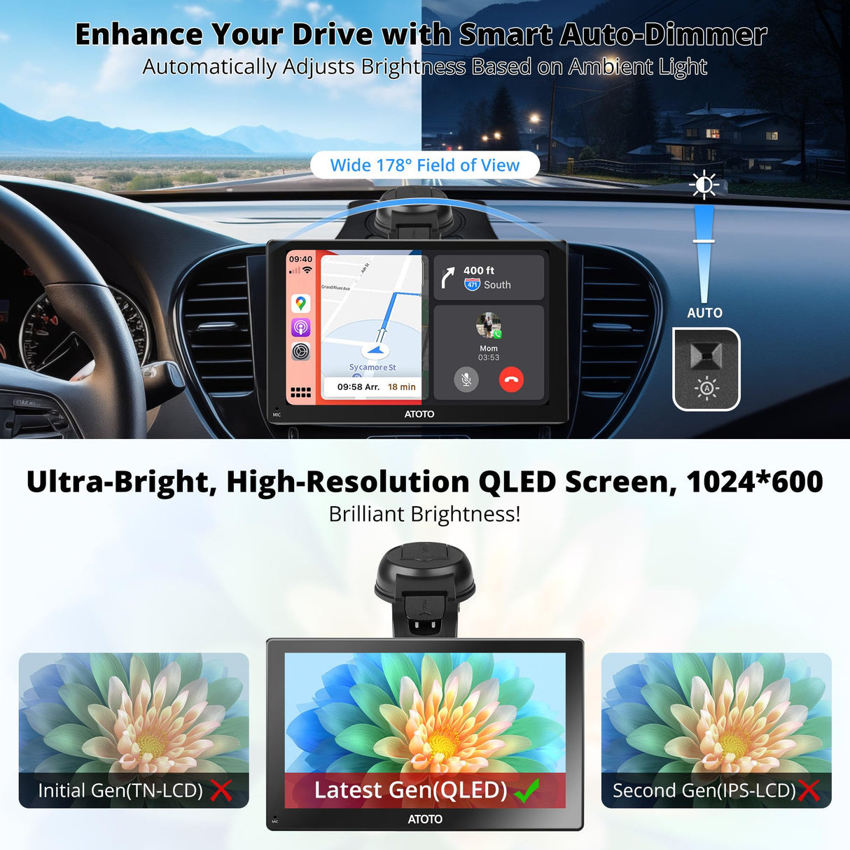 ATOTO P807PR 7" Portable Car Stereo with Dual Cameras, Wireless CarPlay & Android Auto, Bluetooth, Wi-Fi, GPS Tracking, MirrorLink, Multimedia Audio Player