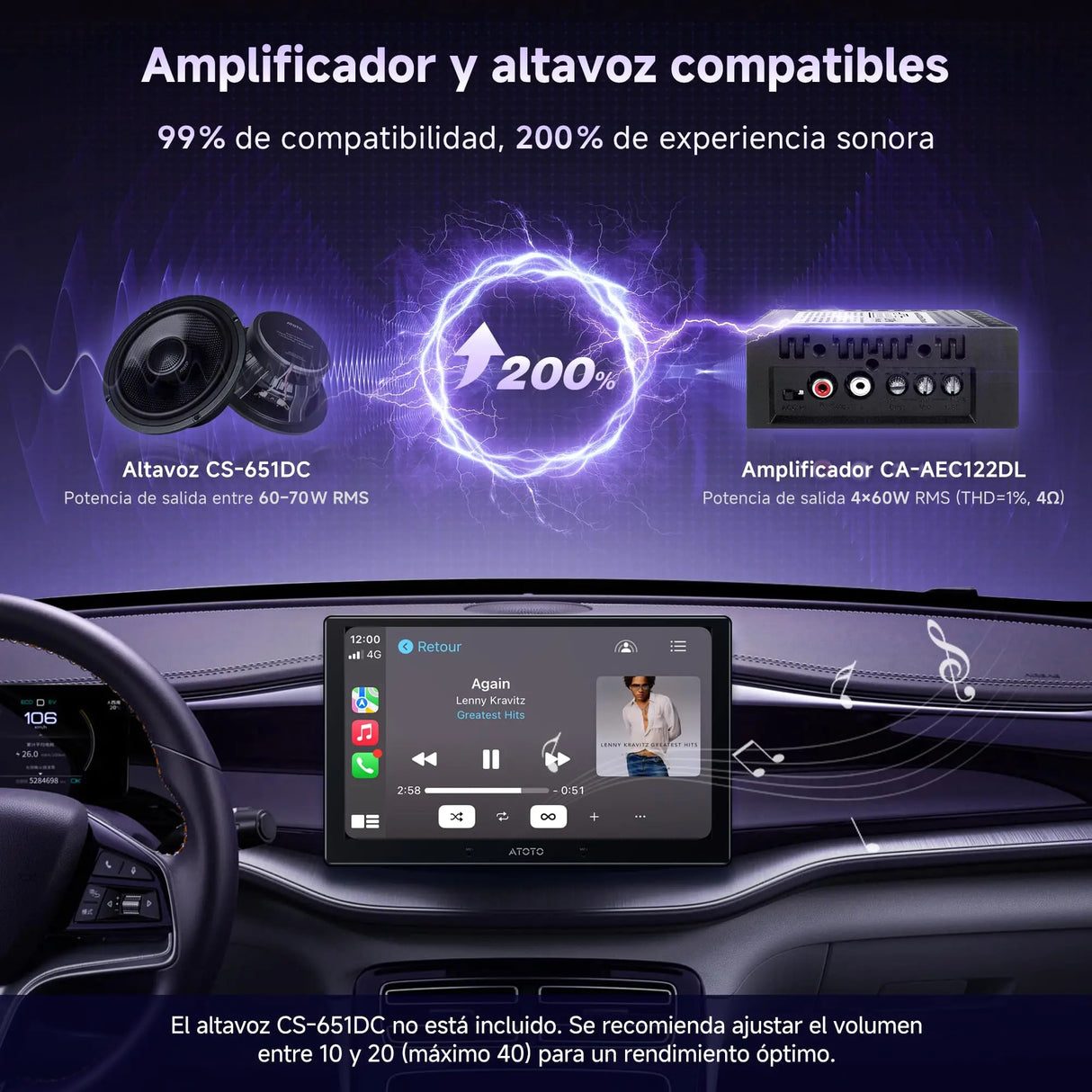 ATOTO CA-AEC122DL Amplificador de Auto Compacto 4x60W RMS, 4 Canales, Clase D TI TPA3221, EQ Personalizable, Cable de Alimentación 2m, Compatible con Estéreos ATOTO