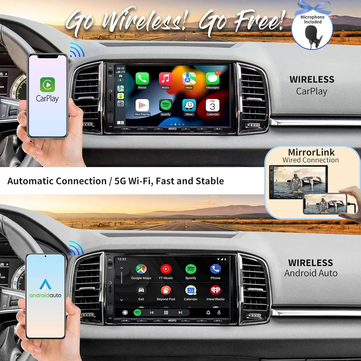 ATOTOEXCEL Autoradio 2 Din con Ricezione DAB+, Wireless Carplay & Android Auto, 7 pollici QLED Schermo per Auto con Bluetooth, Ricarica Rapida, Mirrorlink, HD LRV, AM/FM/AUX