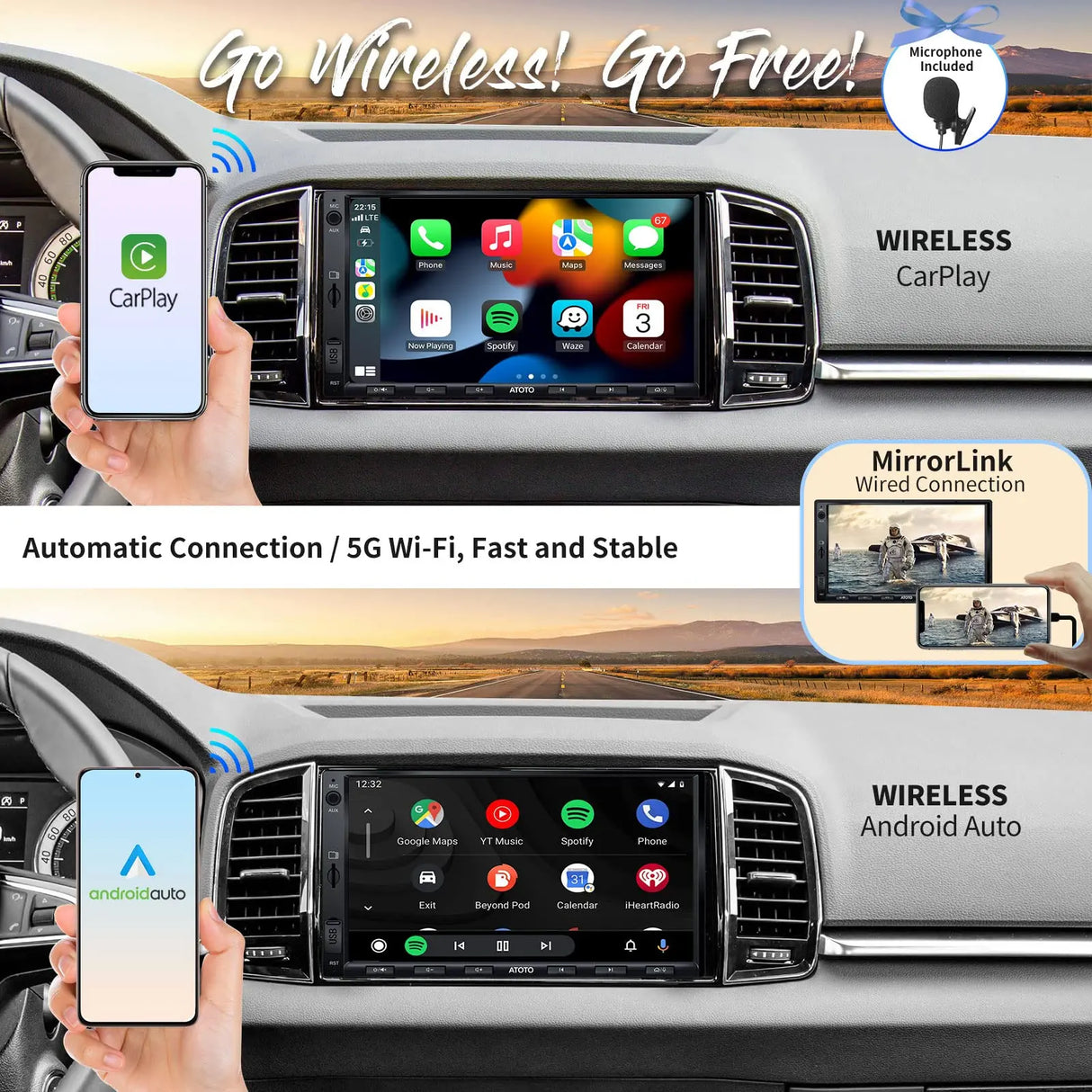 ATOTOEXCEL Autoradio 2 Din met DAB+ ontvangst, draadloze Carplay & Android auto, 7 inch QLED-scherm voor auto met Bluetooth, snel opladen, spiegellink, HD LRV, AM/FM/AUX