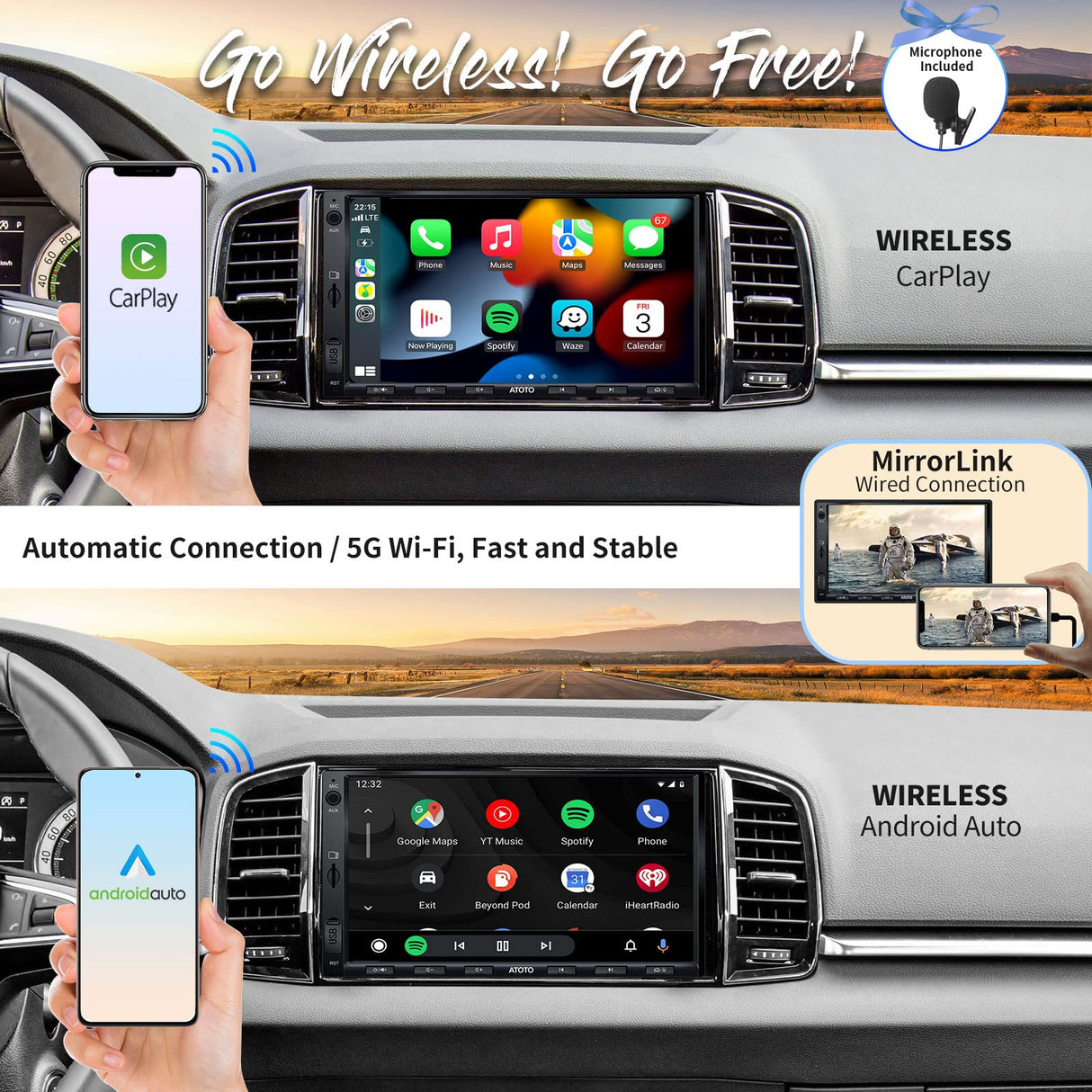 ATOTO F7 We 7" Pantalla táctil Radio Coche 2 DIN, CarPlay inalámbrico y Android Auto inalámbrico, Bluetooth, MirrorLink, RDS/FM/Am, Visión Trasera en Directo HD, Control por Voz, F7G2B7WE